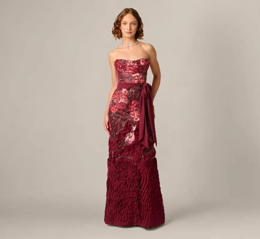 Strapless Floral Print Beaded Soutache Hem Gown In Mahogany made by Aidan Mattox