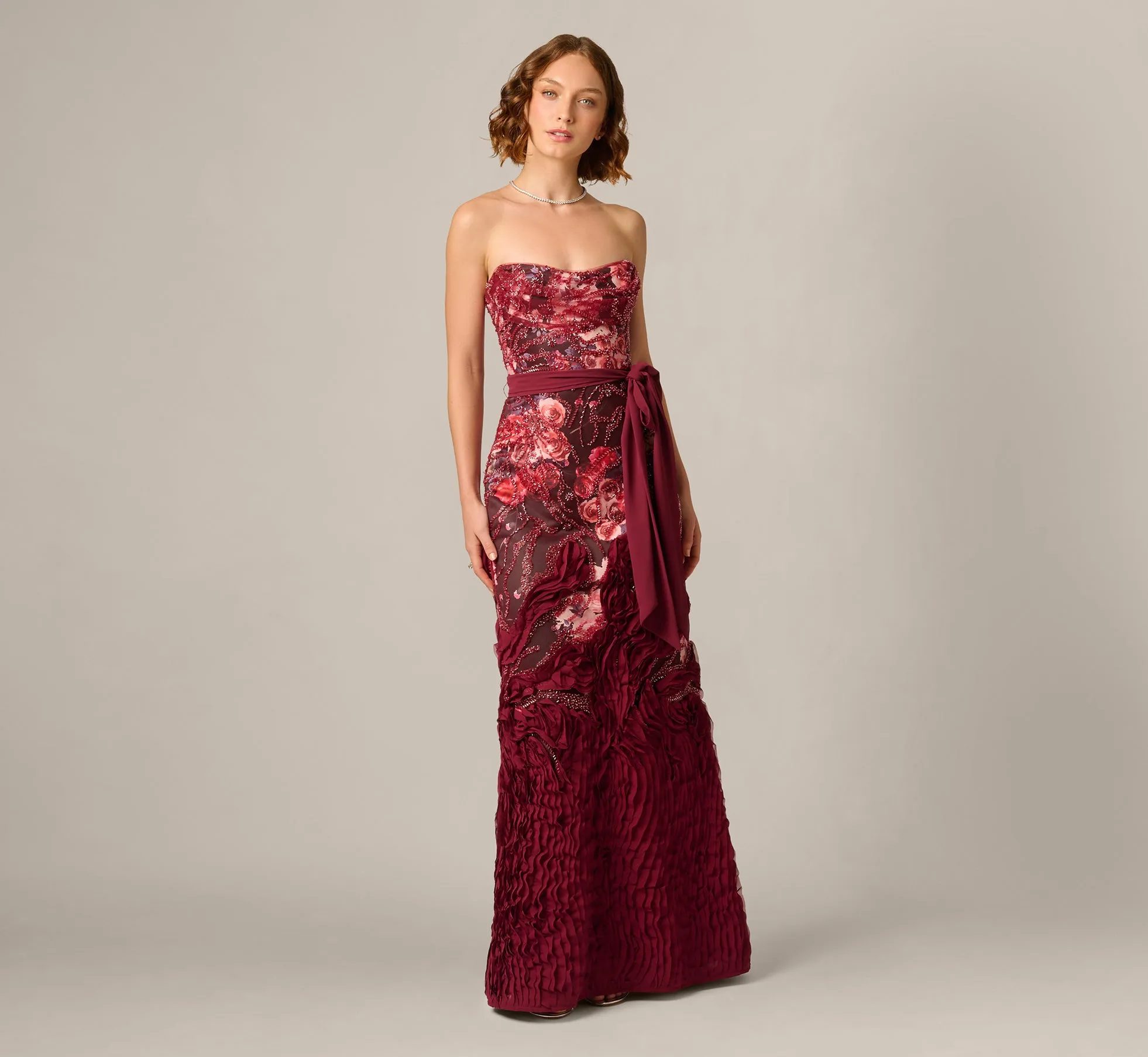 Strapless Floral Print Beaded Soutache Hem Gown In Mahogany sold by Adrianna Papell product image thumbnail 2