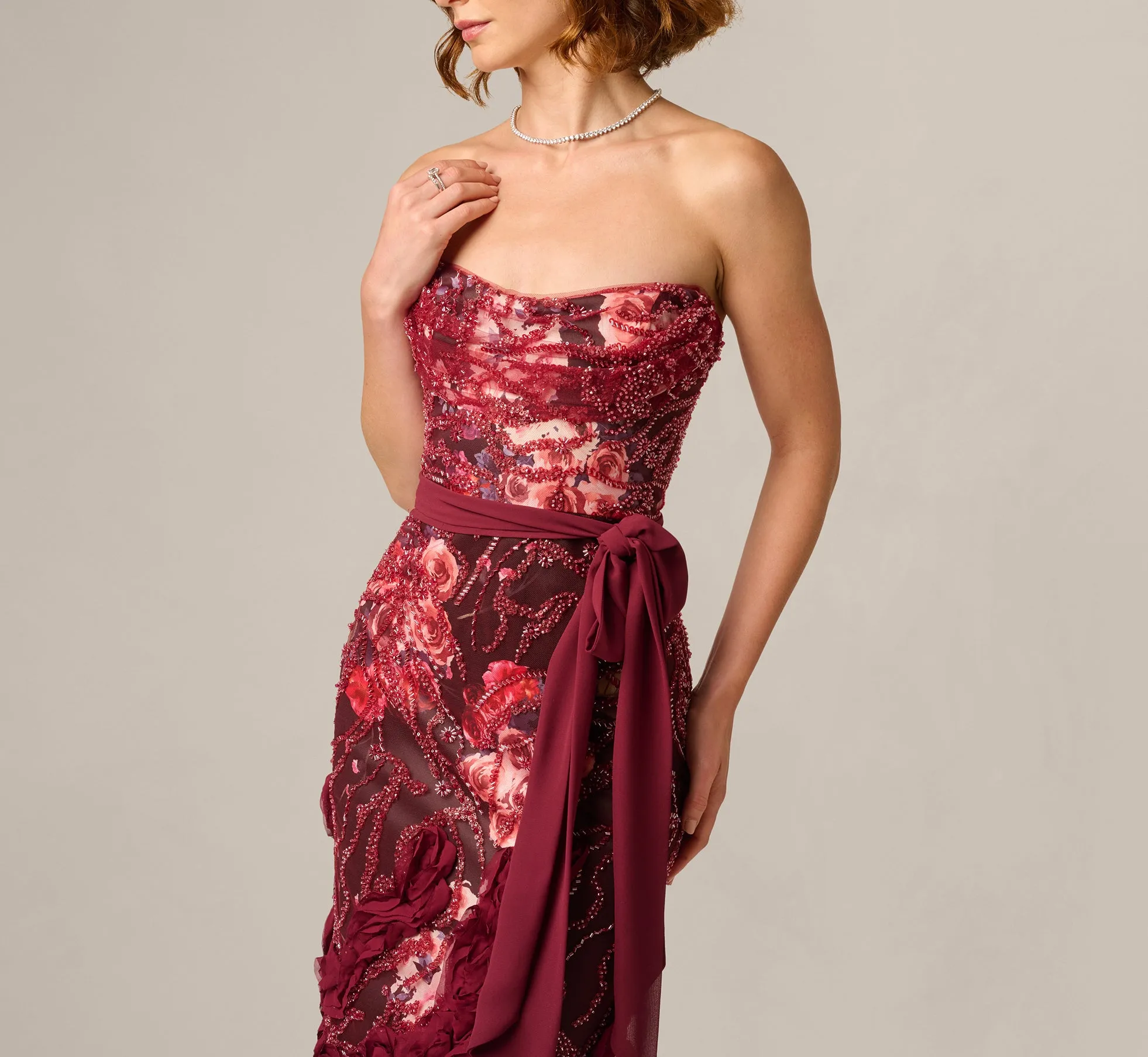 Strapless Floral Print Beaded Soutache Hem Gown In Mahogany sold by Adrianna Papell product image thumbnail 3