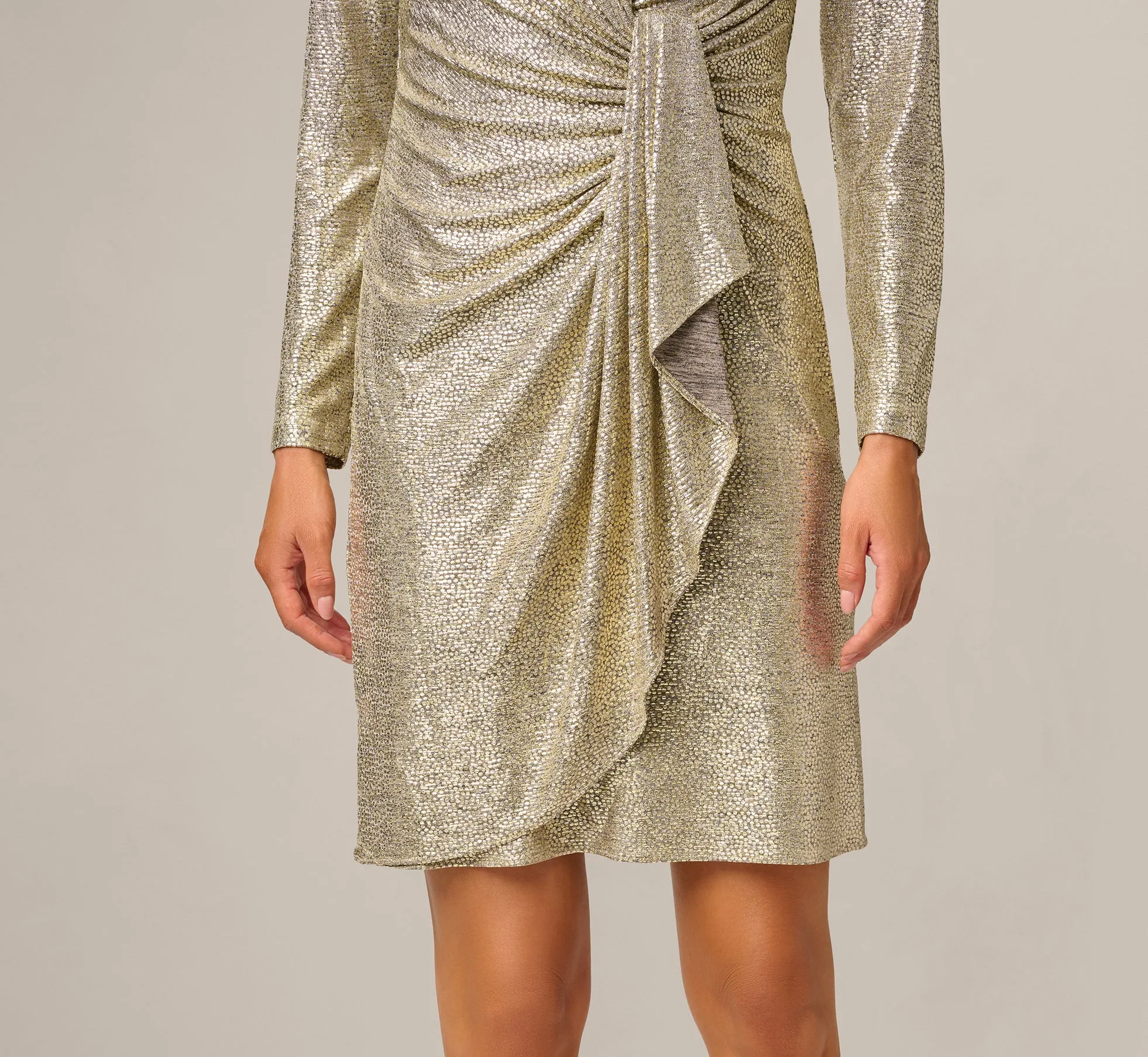Petite Foil Knit Faux Wrap Dress With Long Sleeves In Light Gold sold by Adrianna Papell product image thumbnail 4