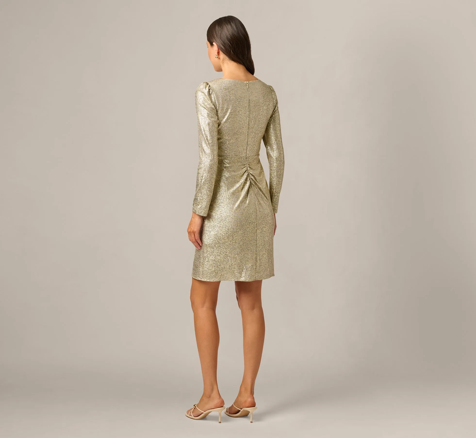 Petite Foil Knit Faux Wrap Dress With Long Sleeves In Light Gold sold by Adrianna Papell product image thumbnail 5
