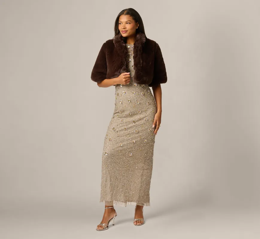 Short Sleeve Faux Fur Coverup Jacket In Dark Brown made by Adrianna Papell