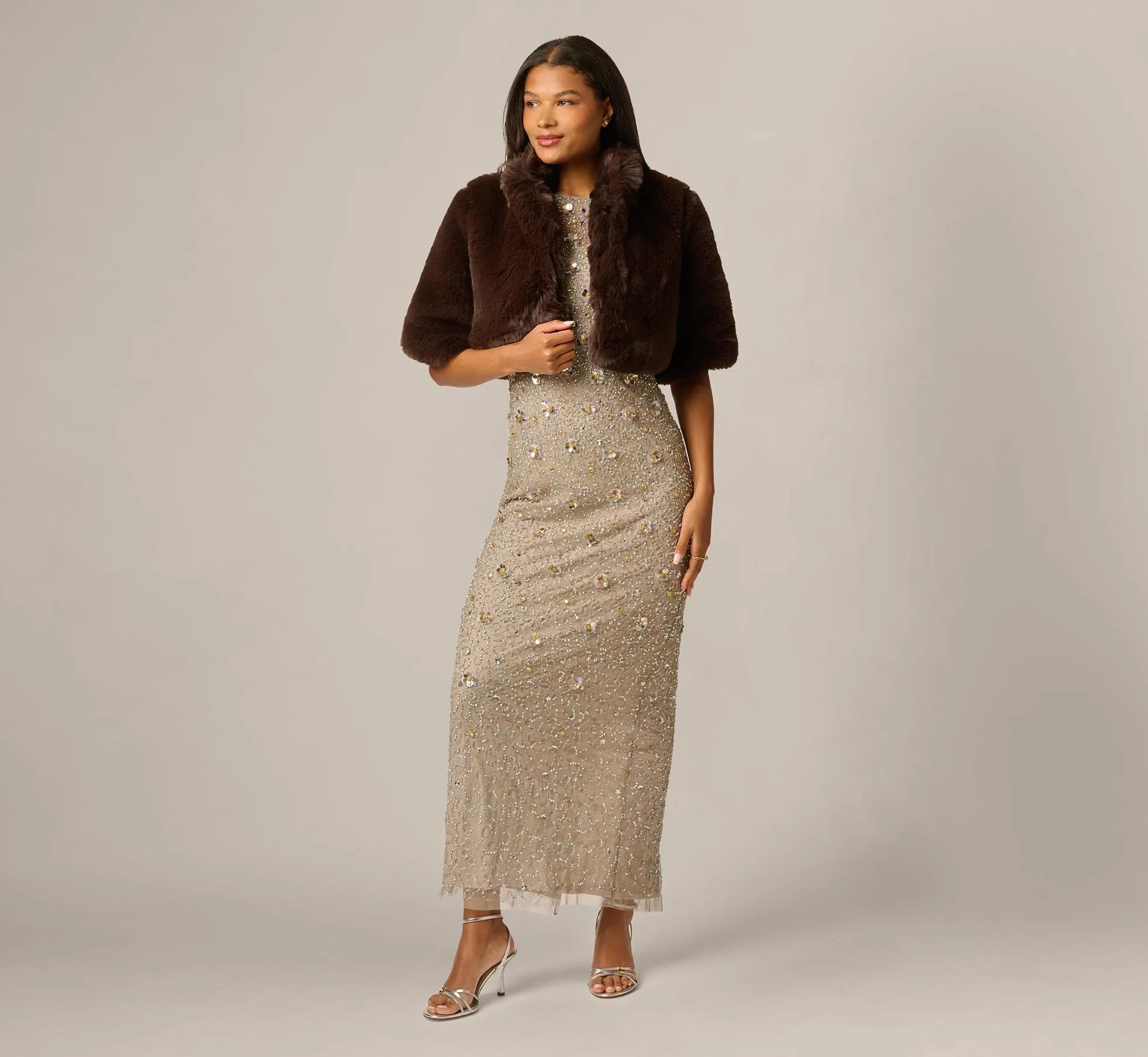 Short Sleeve Faux Fur Coverup Jacket In Dark Brown sold by Adrianna Papell