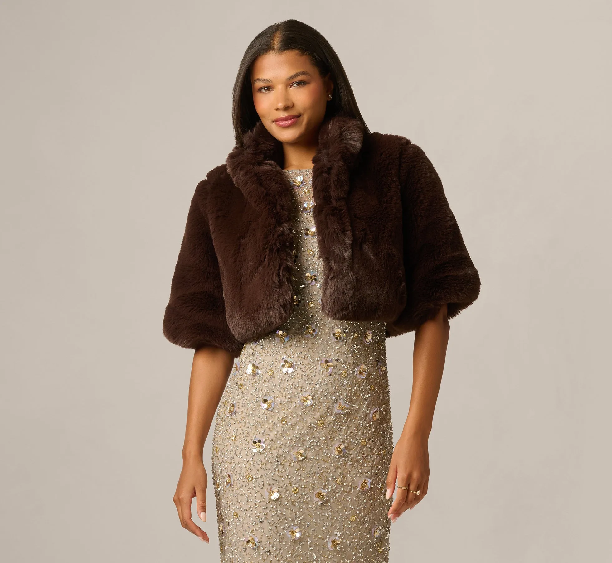 Short Sleeve Faux Fur Coverup Jacket In Dark Brown sold by Adrianna Papell product image thumbnail 2