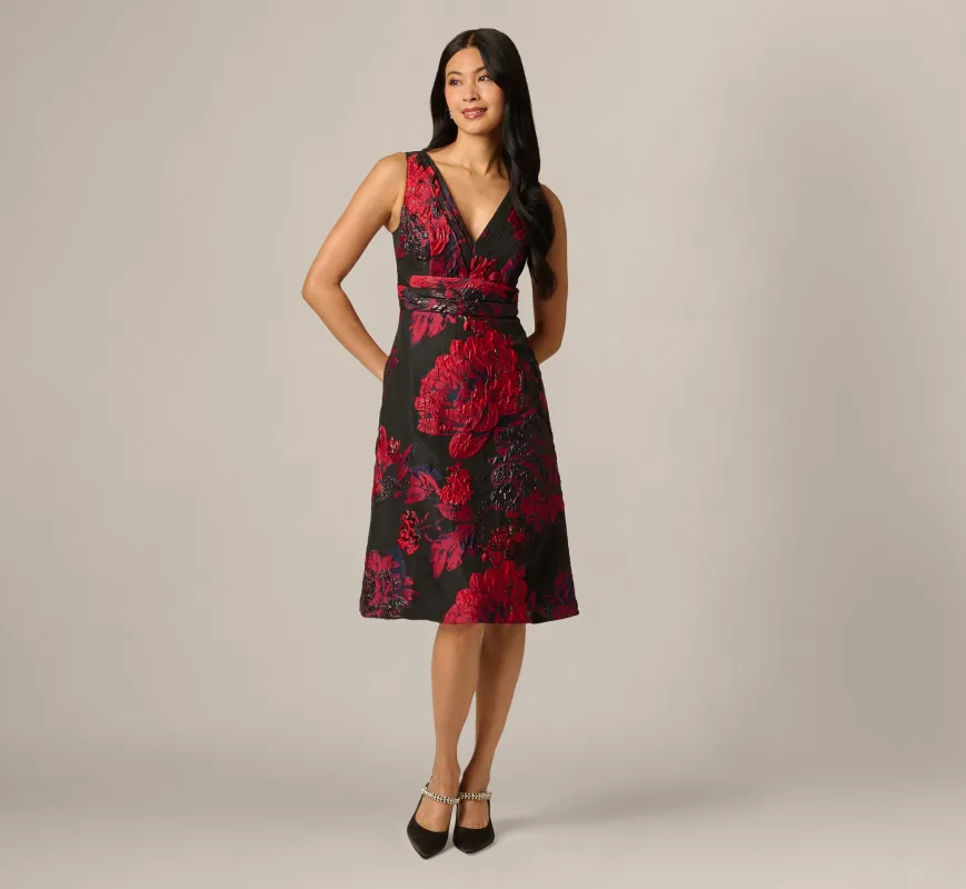 Metallic Chrysanthemum Floral Jacquard Midi Dress In Black Red Multi made by Adrianna Papell