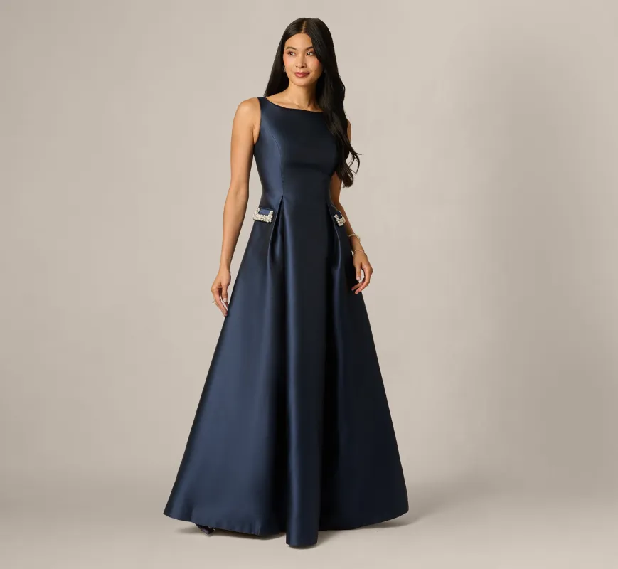Pearly Beaded Pocket Mikado Ballgown In Midnight made by Adrianna Papell