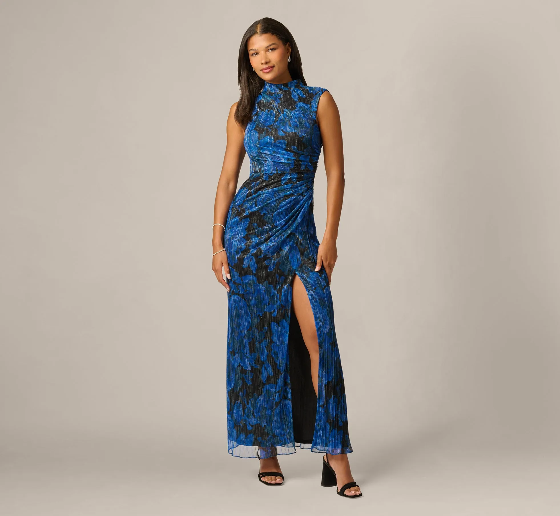 Metallic Crinkle Floral Mock Neck Ruched Gown In Blue Black Multi sold by Adrianna Papell product image thumbnail 3