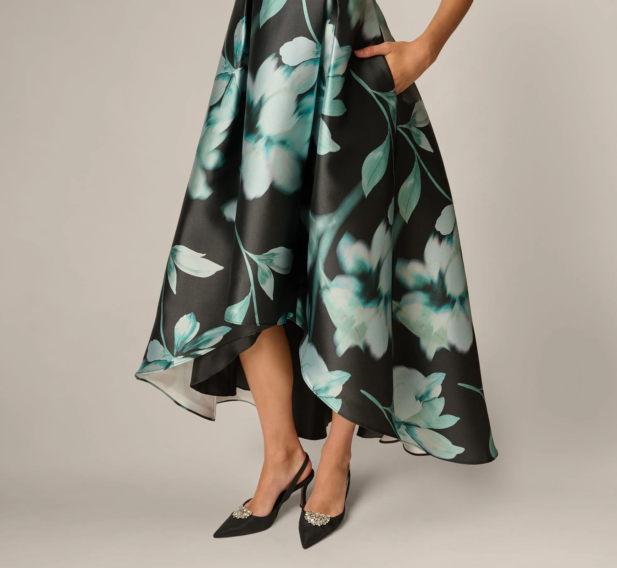 Soft Focus Floral Mikado High Low Gown In Black Multi sold by Adrianna Papell product image thumbnail 4