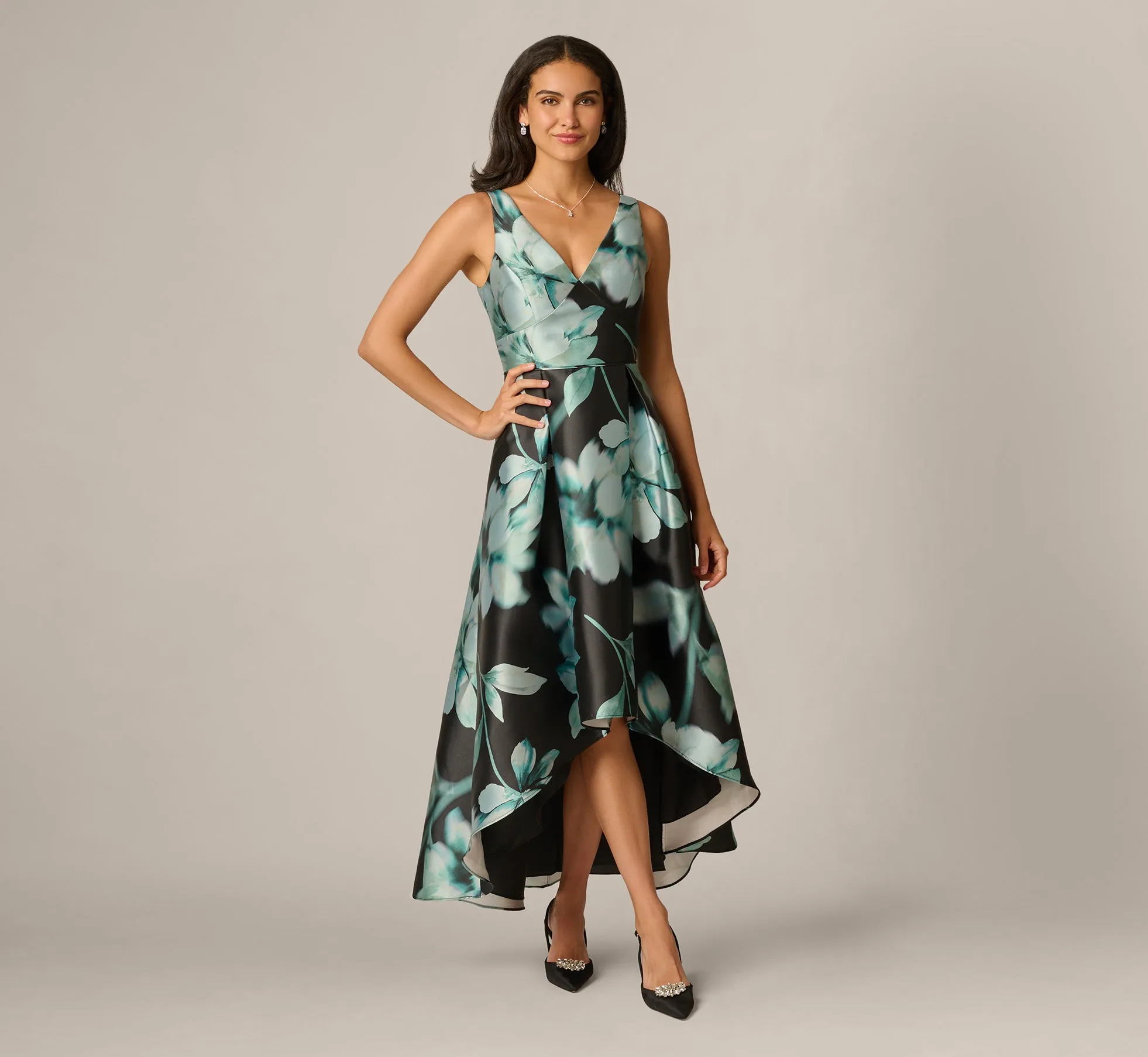 Soft Focus Floral Mikado High Low Gown In Black Multi sold by Adrianna Papell