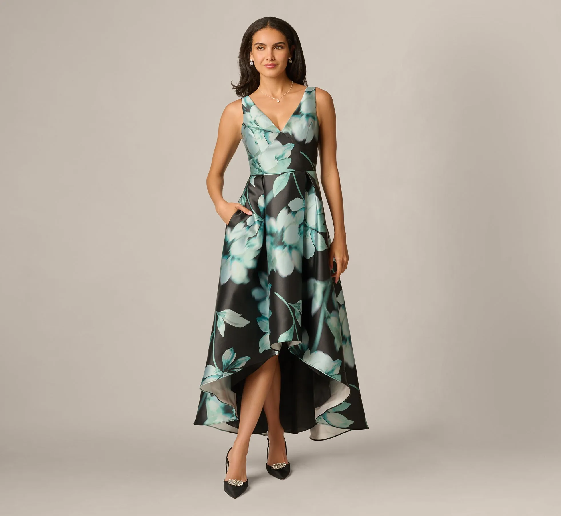 Soft Focus Floral Mikado High Low Gown In Black Multi sold by Adrianna Papell product image thumbnail 2