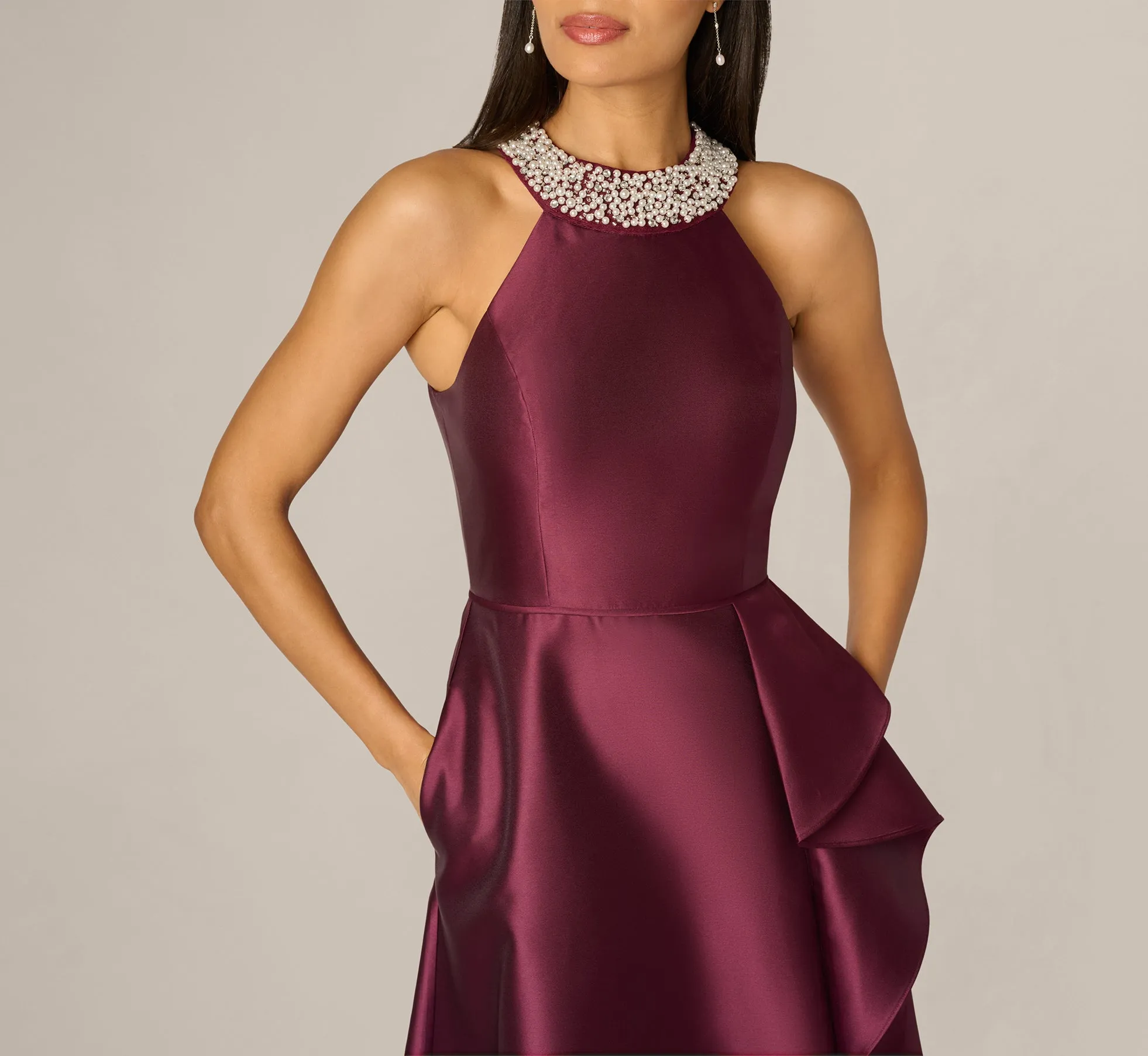 Beaded Halter Draped Mikado Gown In Deep Wine sold by Adrianna Papell product image thumbnail 3