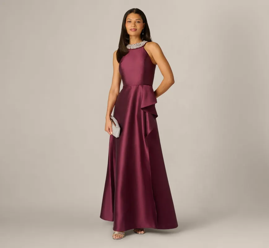 Beaded Halter Draped Mikado Gown In Deep Wine made by Adrianna Papell
