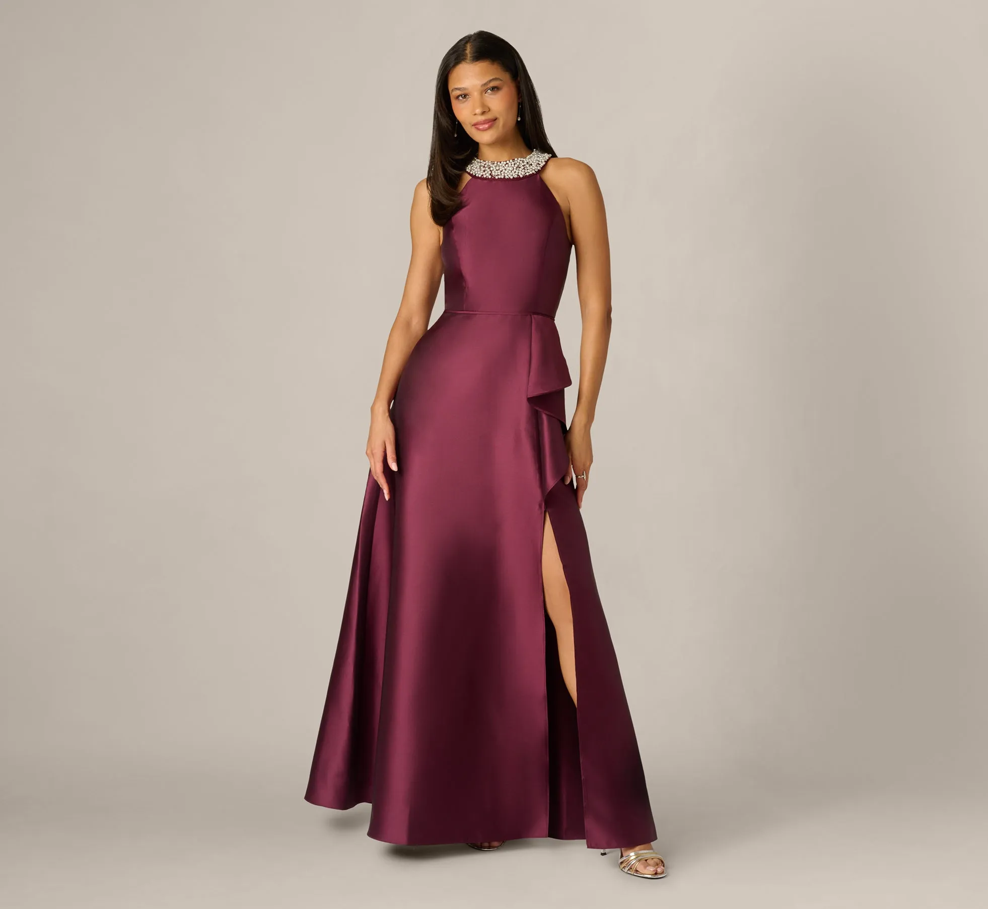 Beaded Halter Draped Mikado Gown In Deep Wine sold by Adrianna Papell product image thumbnail 2