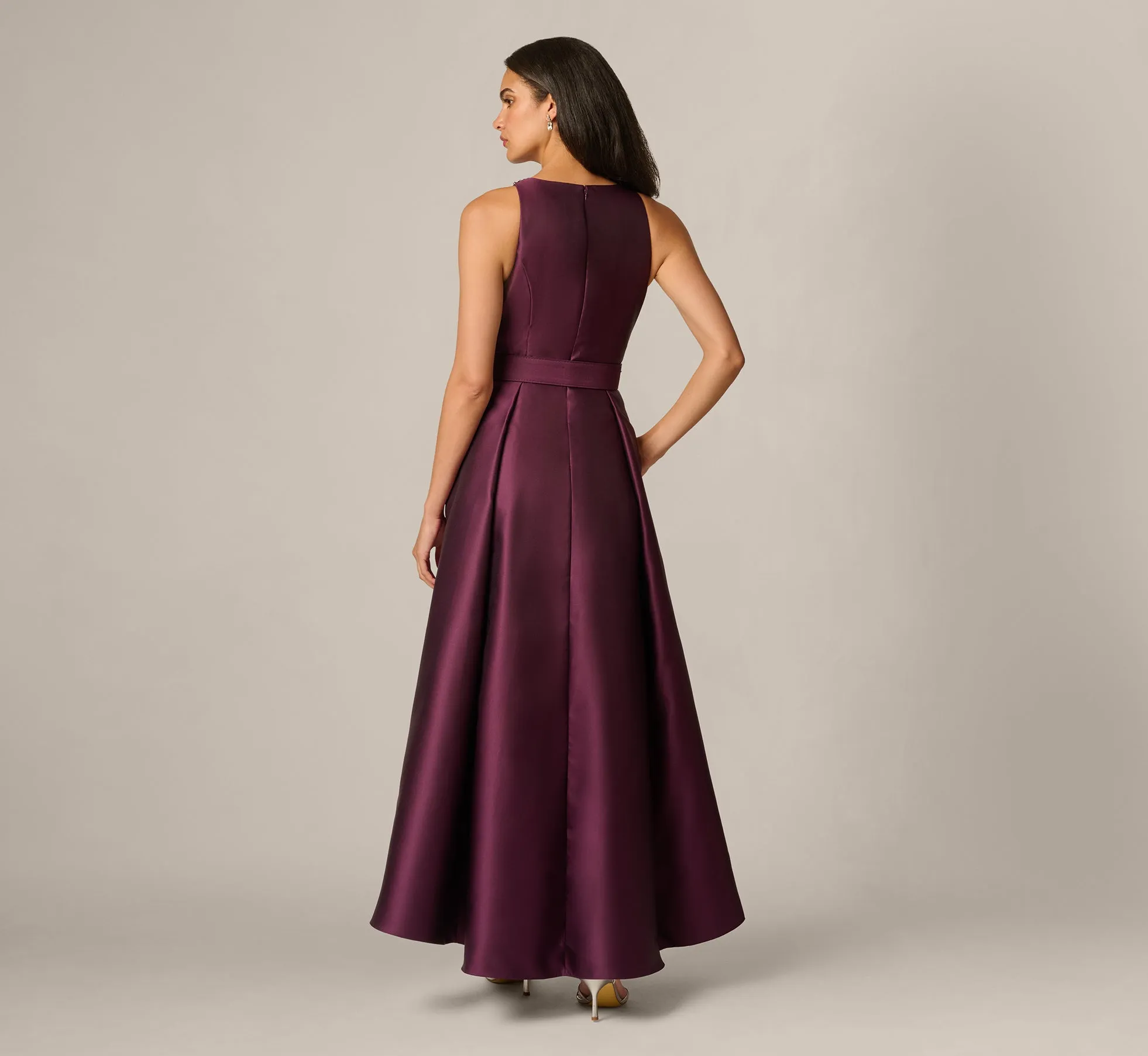 Petite Beaded Collar Mikado Fit And Flare High Low Gown In Pinot Noir sold by Adrianna Papell product image thumbnail 5