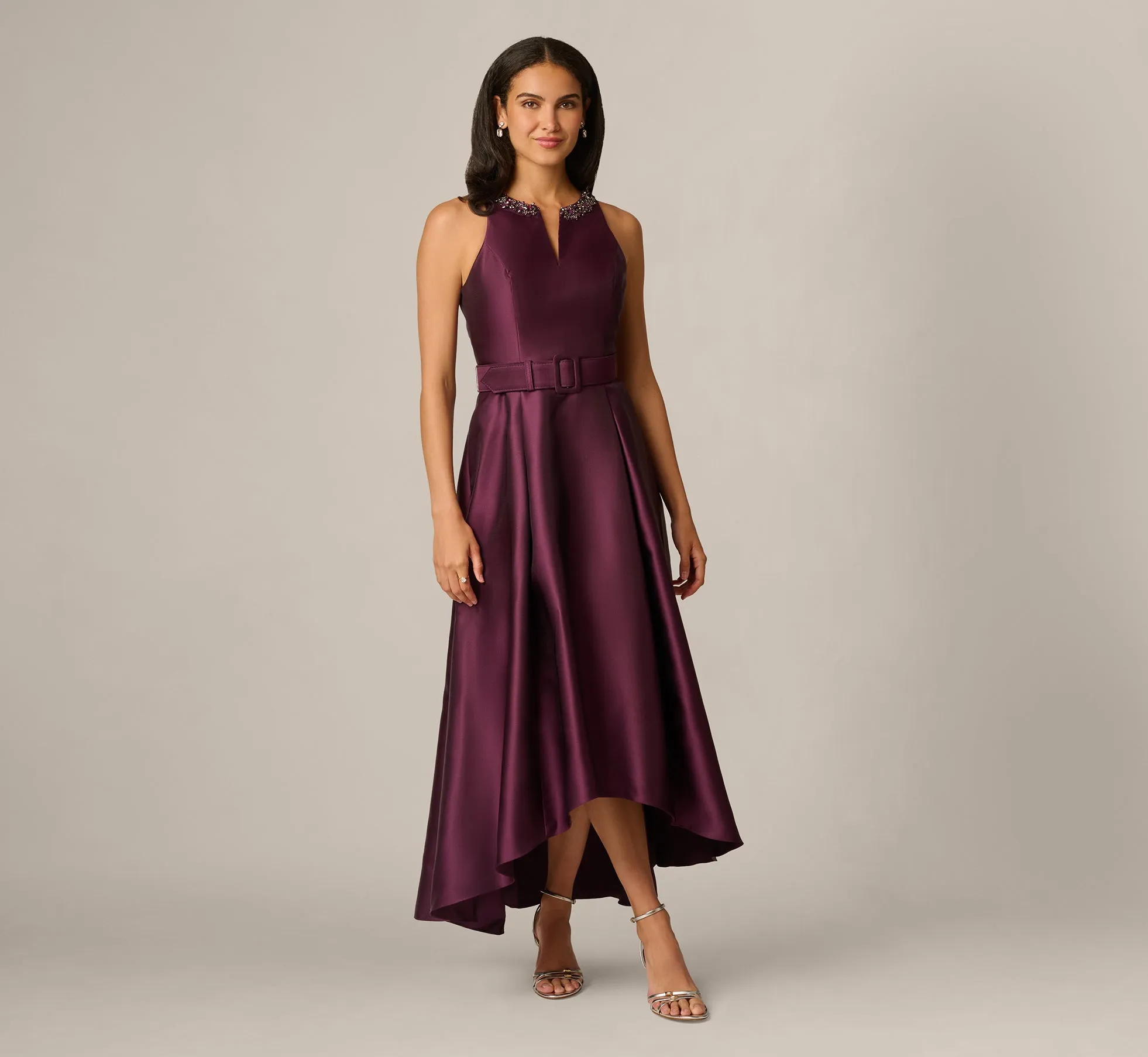 Petite Beaded Collar Mikado Fit And Flare High Low Gown In Pinot Noir sold by Adrianna Papell product image thumbnail 2