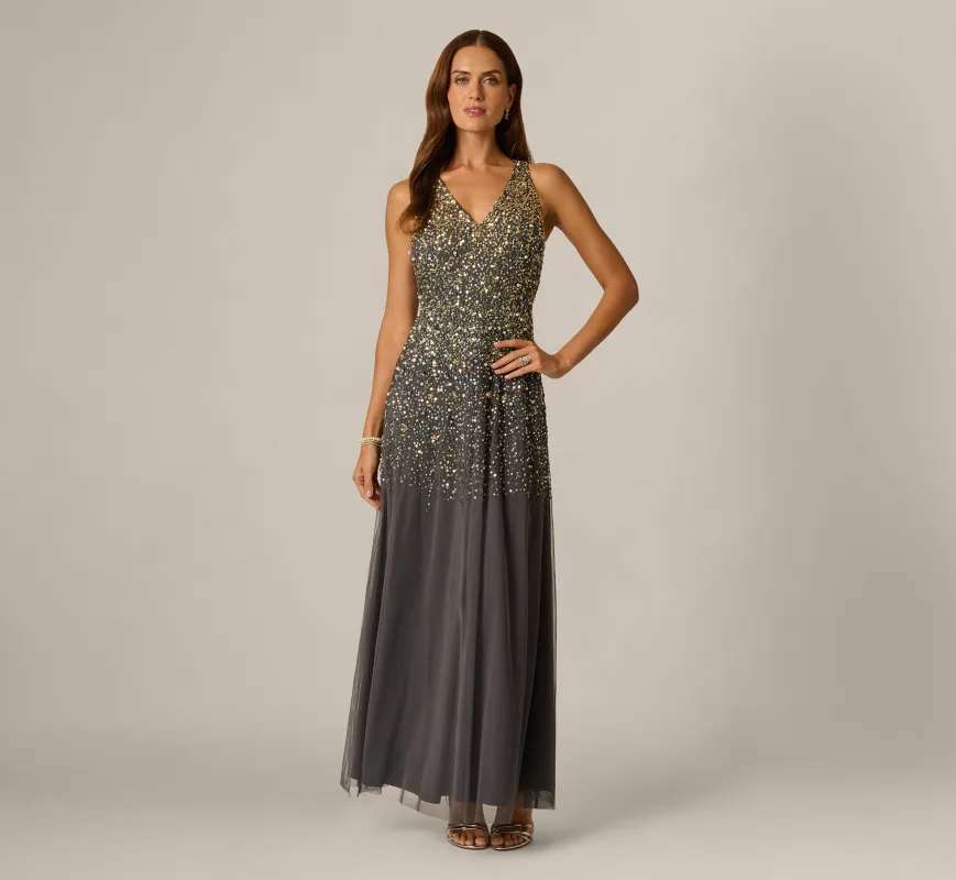 Pearly Sequin Beaded V Neck Gown In Grey Gold made by Adrianna Papell