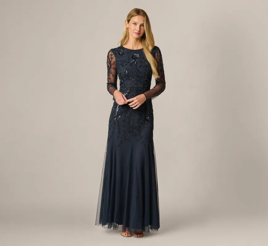 Long Sleeve Floral Sequin Beaded Gown In Midnight made by Adrianna Papell