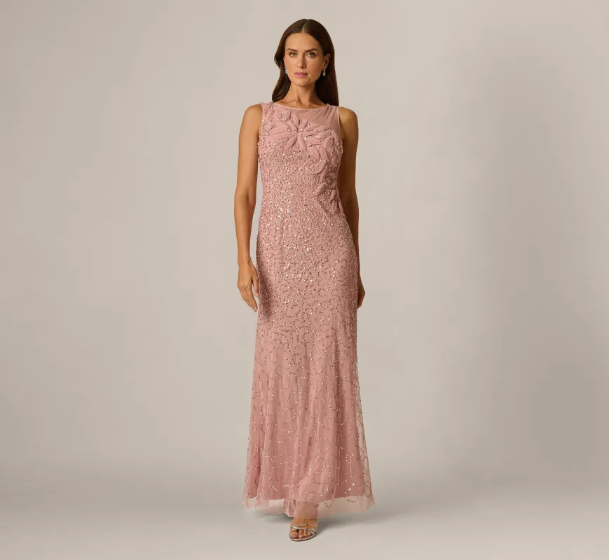 Floral Soutache Sequin Beaded Illusion Gown In Mauve made by Adrianna Papell