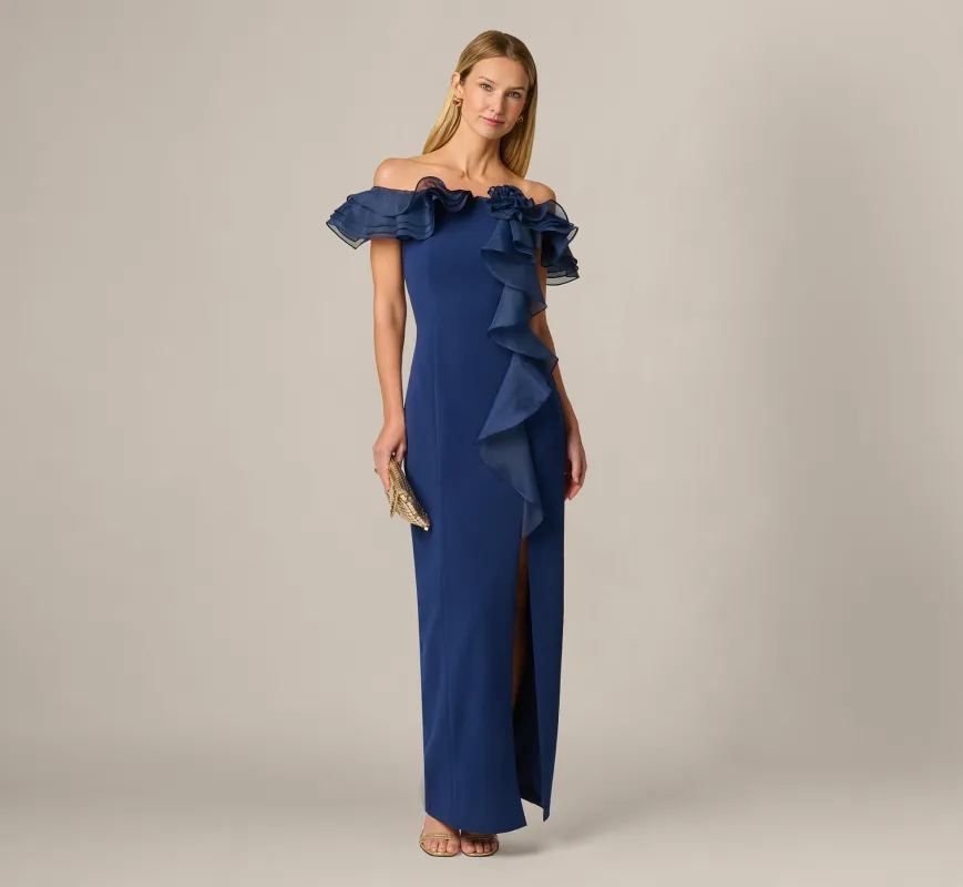 Off Shoulder Organza Rosette Flounce Gown In Navy Sateen made by Adrianna Papell