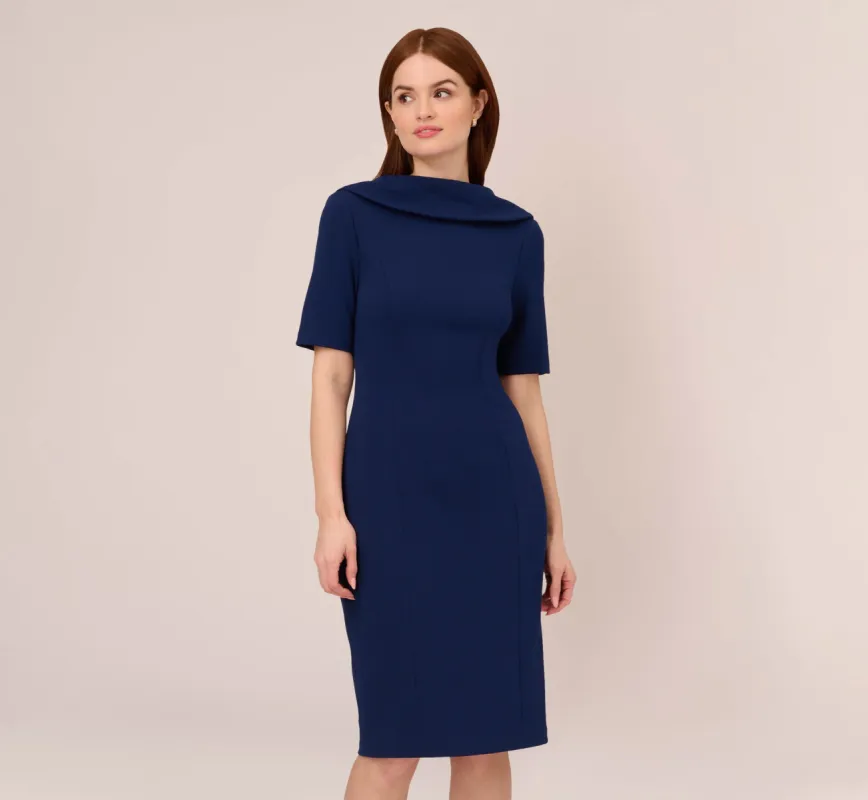 Short Sleeve Crepe Dress With Rolled Neck In Navy Sateen sold by Adrianna Papell