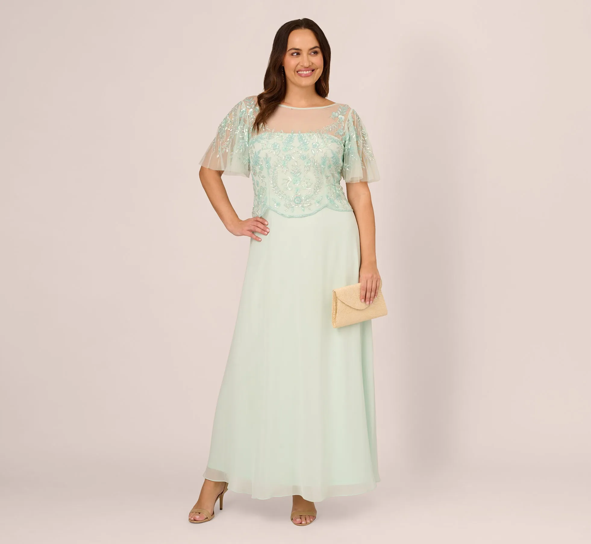 Plus Size Hand-Beaded Illusion Long Gown With Flutter Sleeves In Mint Glass sold by Adrianna Papell product image thumbnail 2