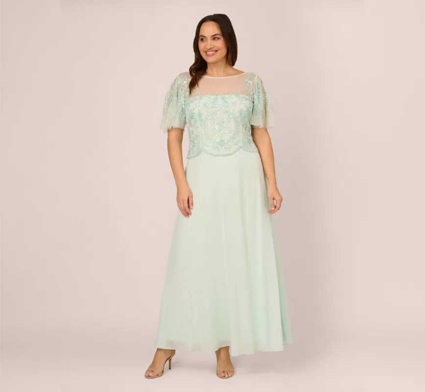 Plus Size Hand-Beaded Illusion Long Gown With Flutter Sleeves In Mint Glass sold by Adrianna Papell