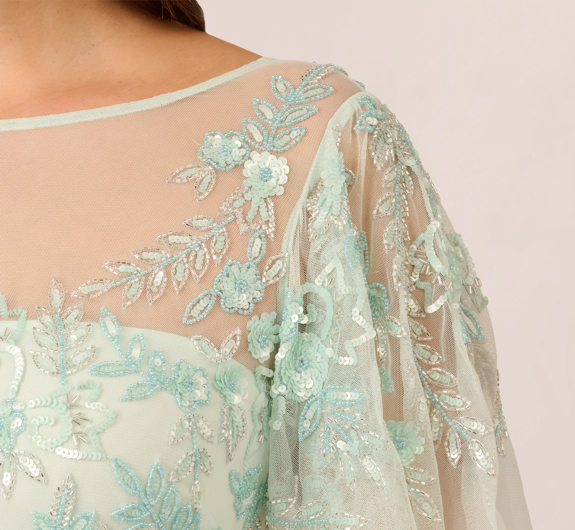 Plus Size Hand-Beaded Illusion Long Gown With Flutter Sleeves In Mint Glass sold by Adrianna Papell product image thumbnail 5