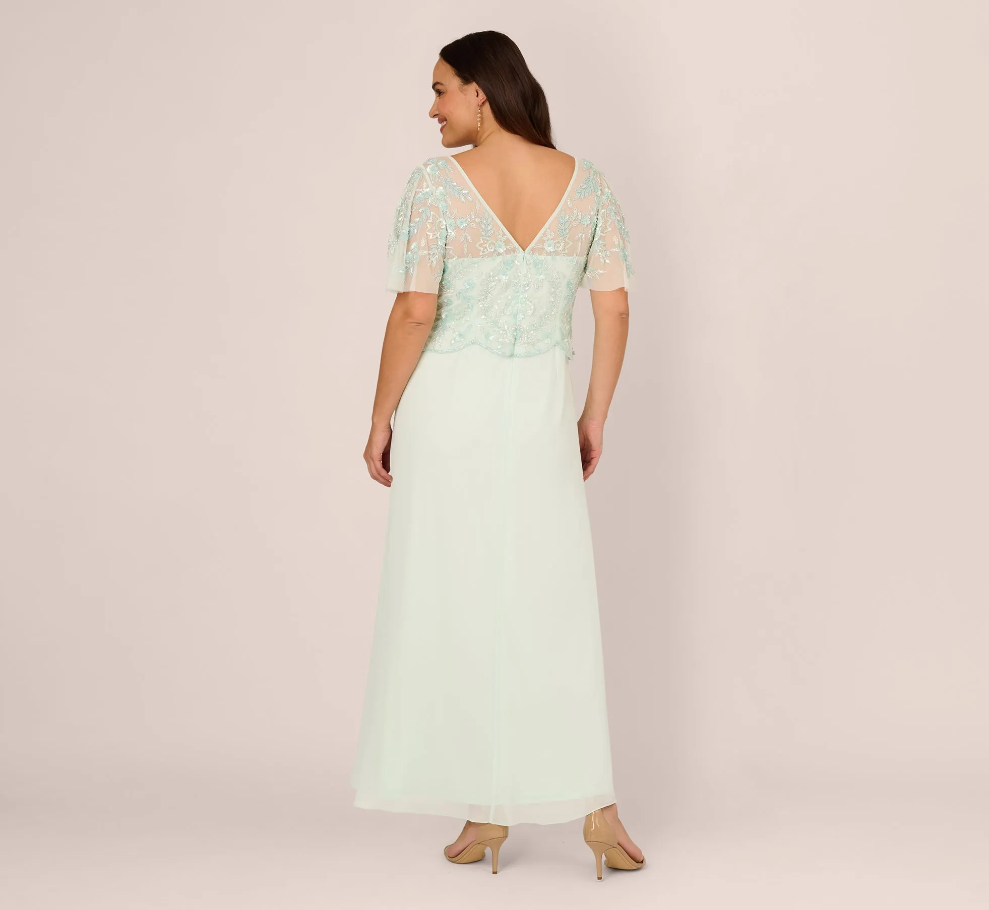 Plus Size Hand-Beaded Illusion Long Gown With Flutter Sleeves In Mint Glass sold by Adrianna Papell product image thumbnail 4