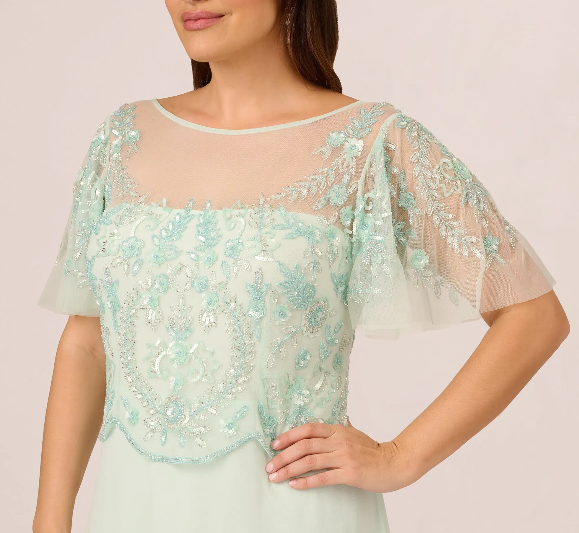 Plus Size Hand-Beaded Illusion Long Gown With Flutter Sleeves In Mint Glass sold by Adrianna Papell product image thumbnail 3