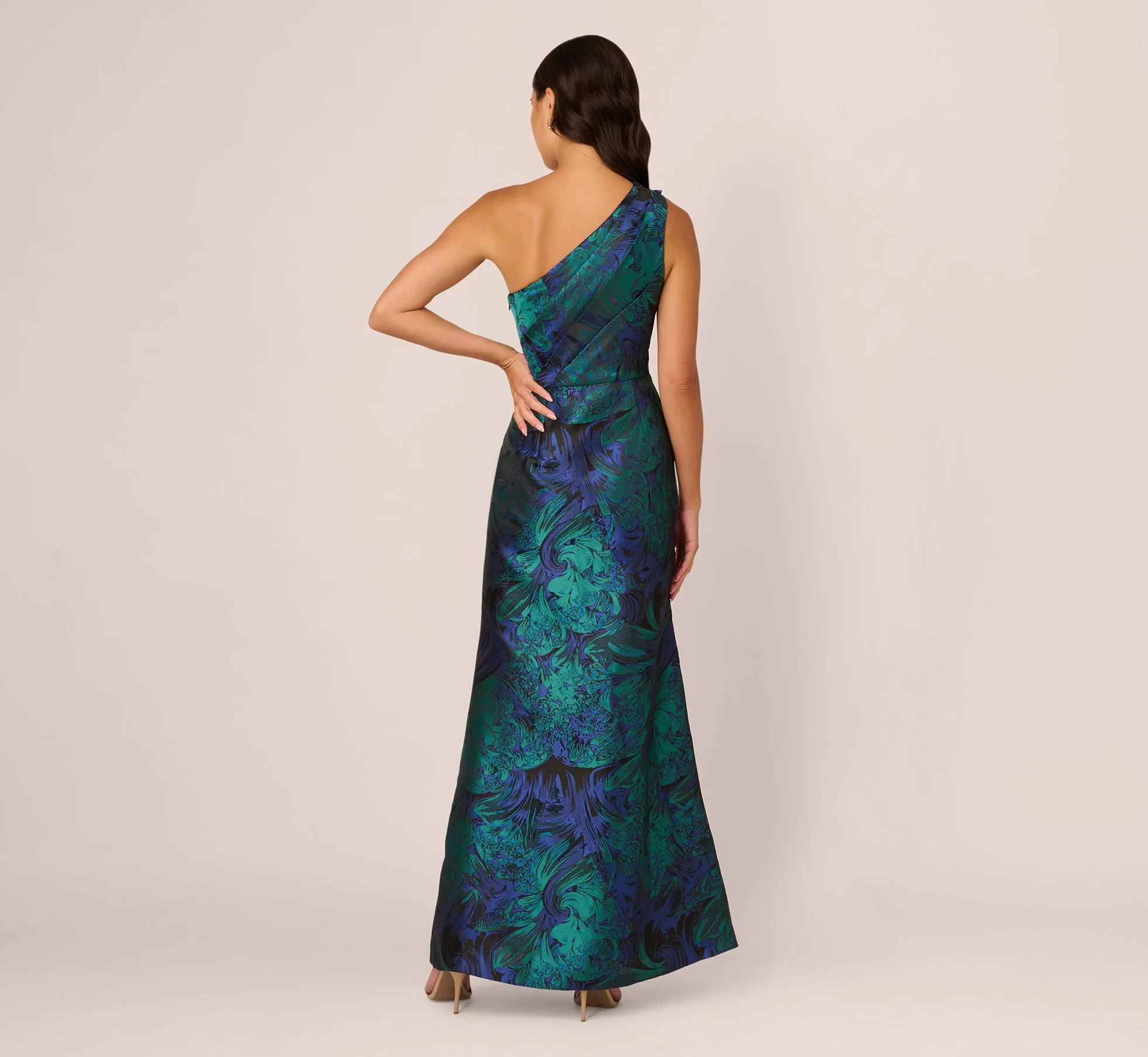 One Shoulder Jacquard Mermaid Gown With Drape Detail In Cobalt Teal sold by Adrianna Papell product image thumbnail 4