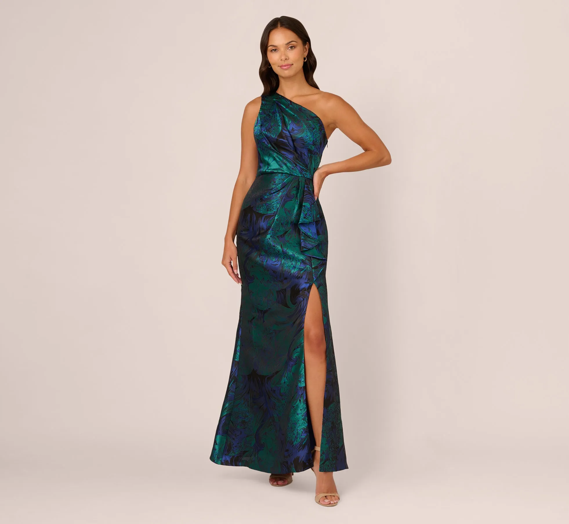 One Shoulder Jacquard Mermaid Gown With Drape Detail In Cobalt Teal sold by Adrianna Papell