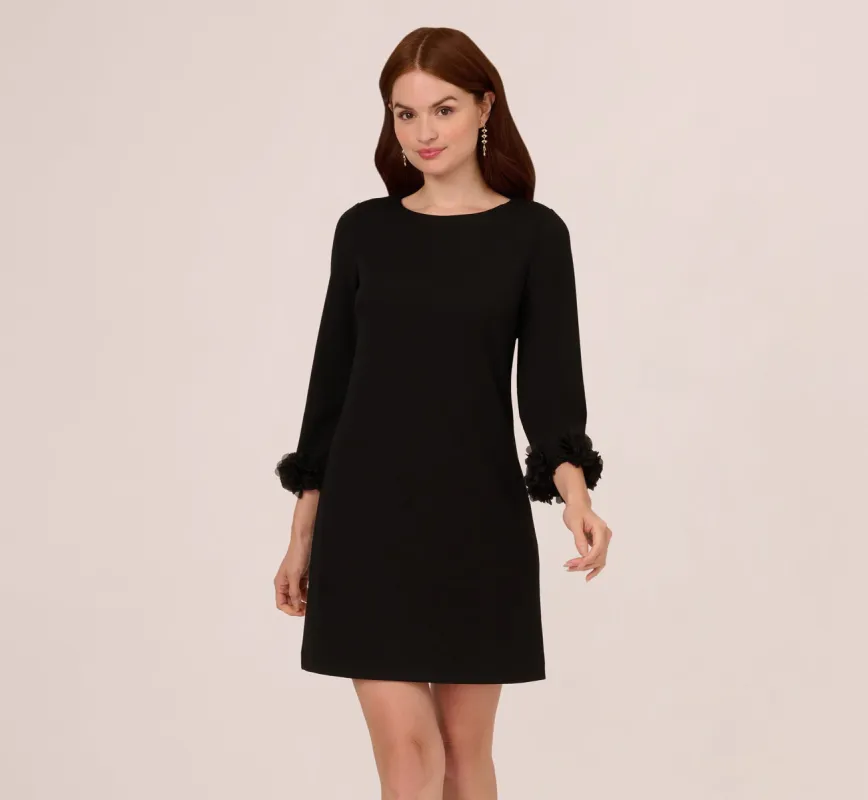 Three Quarter Sleeve Shift Dress With Floral Embellished Cuffs In Black sold by Adrianna Papell