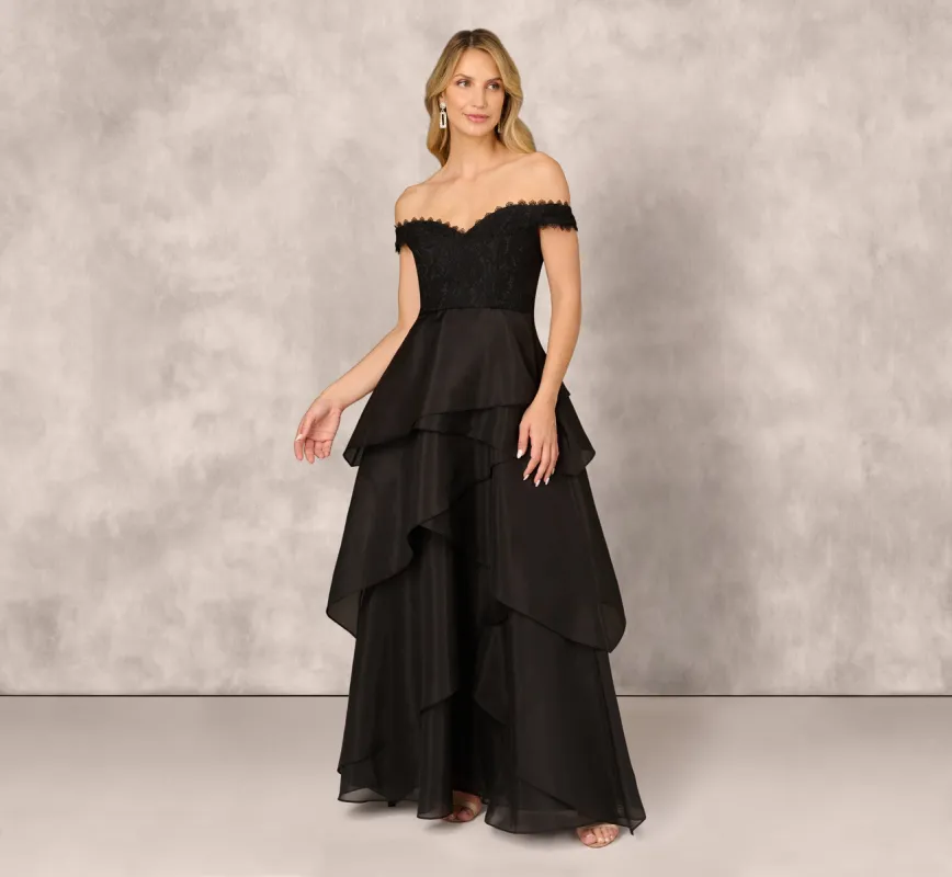 Strapless Organza Ball Gown With Off The Shoulder Neckline In Black sold by Adrianna Papell