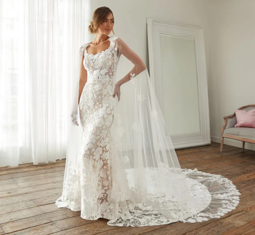 Lace Wedding Dress Train Cape In Ivory made by Adrianna Papell