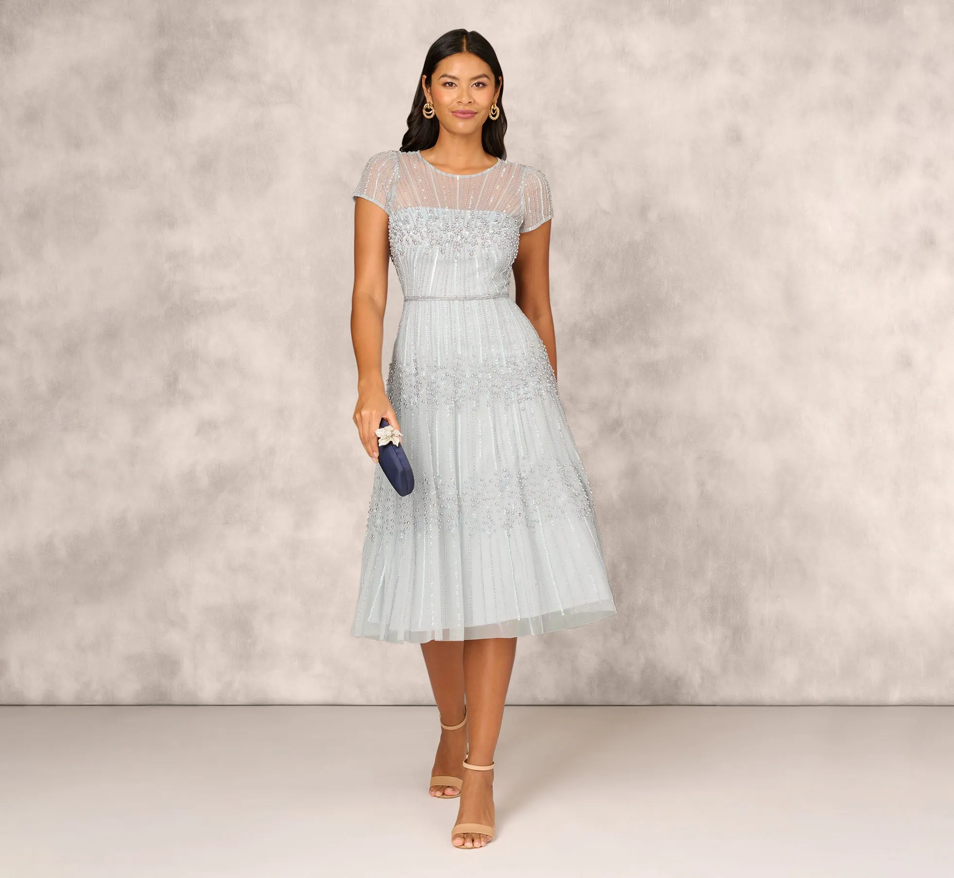 Beaded Short Sleeve Midi Dress With Sheer Details In Snow Globe sold by Adrianna Papell product image thumbnail 2