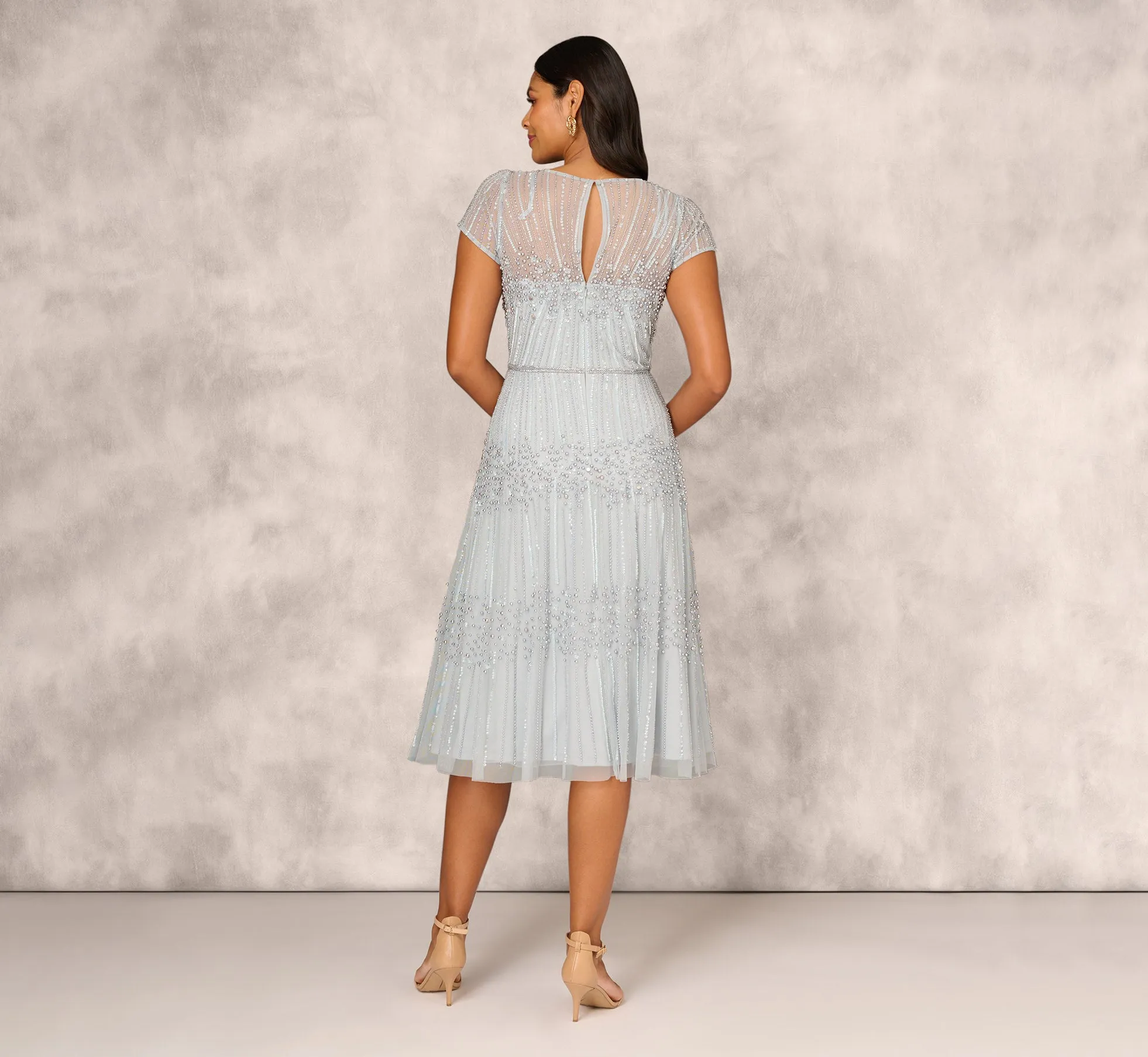 Beaded Short Sleeve Midi Dress With Sheer Details In Snow Globe sold by Adrianna Papell product image thumbnail 5