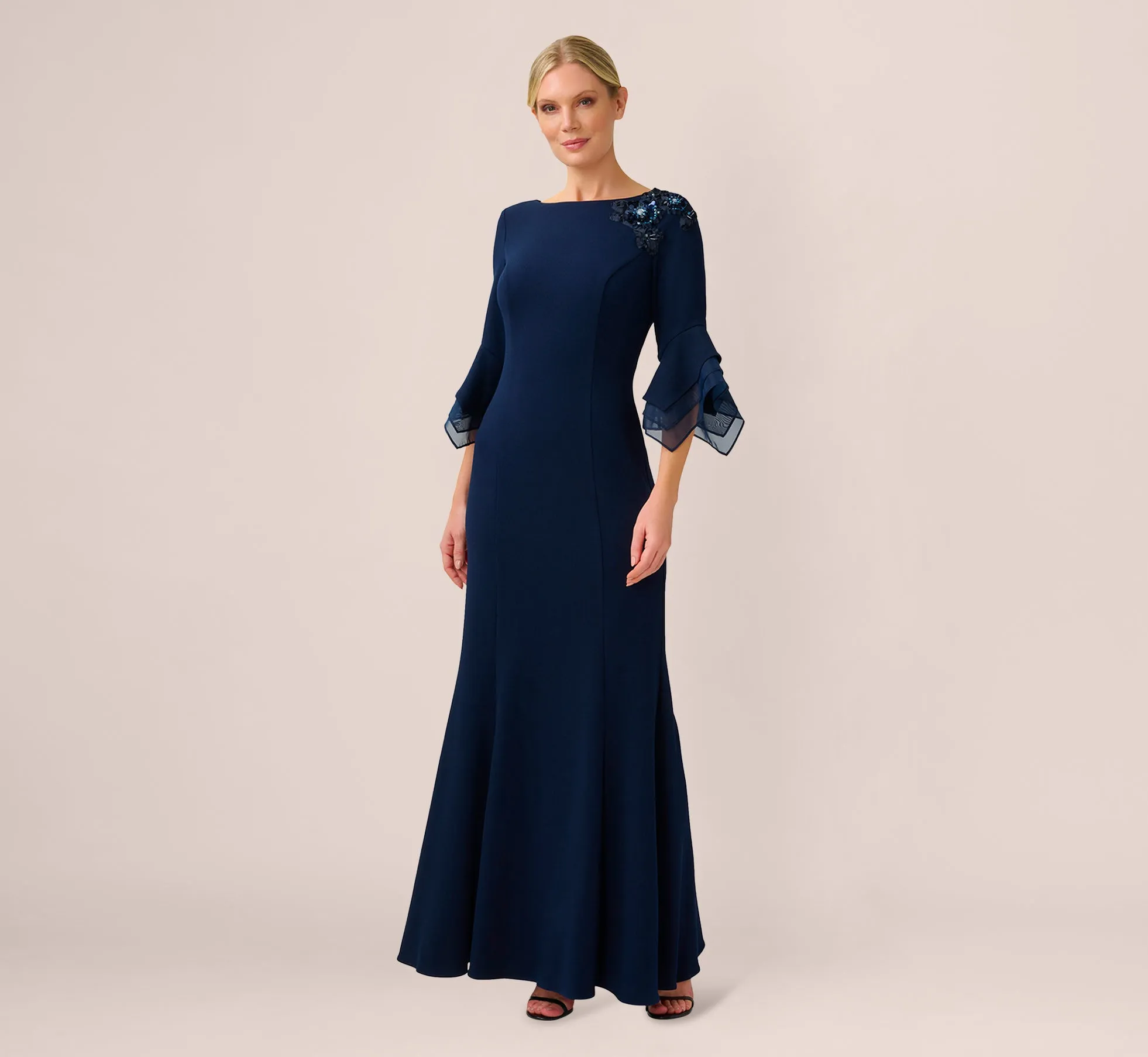 Beaded Crepe Long Fit-And-Flare Gown In Midnight sold by Adrianna Papell