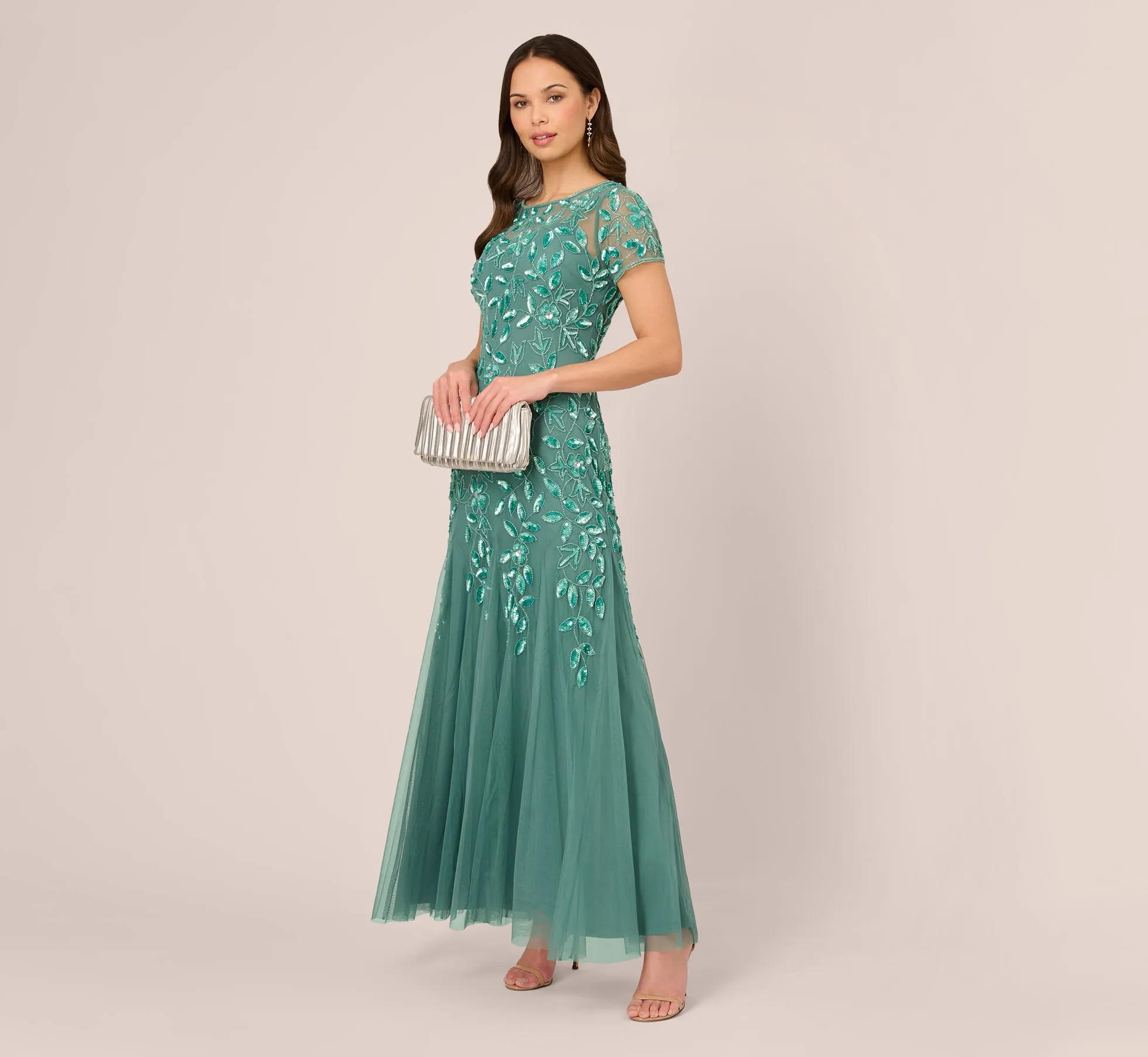 Hand Beaded Short Sleeve Floral Godet Gown In Green Slate sold by Adrianna Papell product image thumbnail 2
