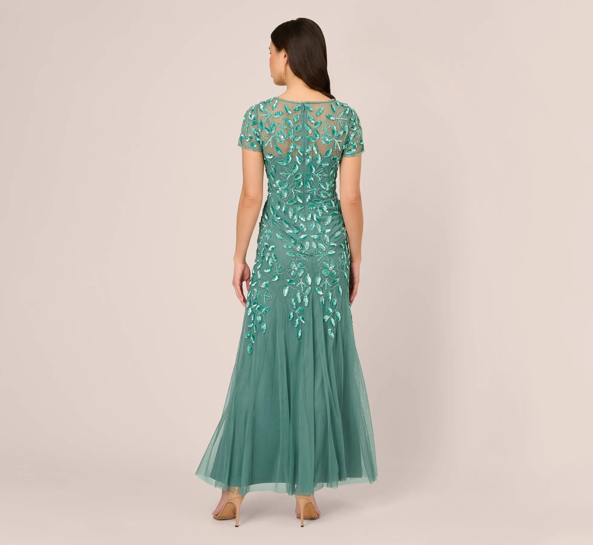 Hand Beaded Short Sleeve Floral Godet Gown In Green Slate sold by Adrianna Papell product image thumbnail 4