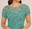 Hand Beaded Short Sleeve Floral Godet Gown In Green Slate sold by Adrianna Papell