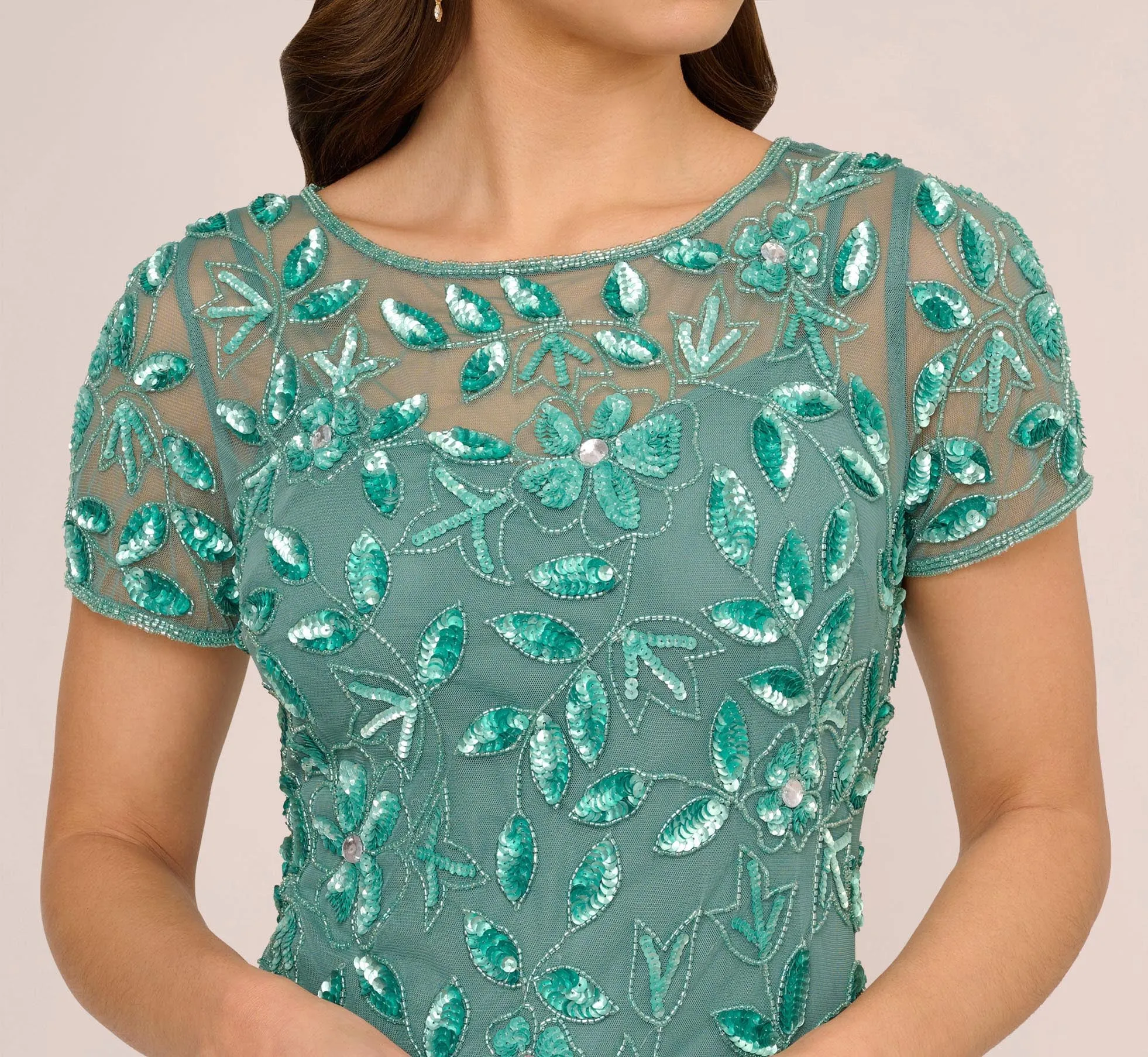 Hand Beaded Short Sleeve Floral Godet Gown In Green Slate sold by Adrianna Papell product image thumbnail 3