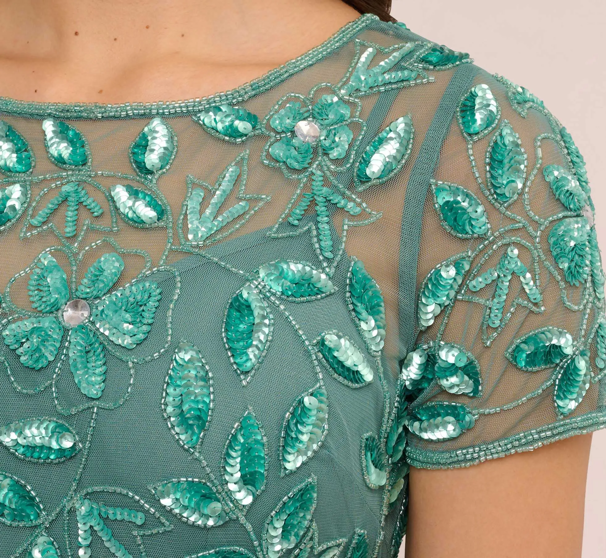 Hand Beaded Short Sleeve Floral Godet Gown In Green Slate sold by Adrianna Papell product image thumbnail 5