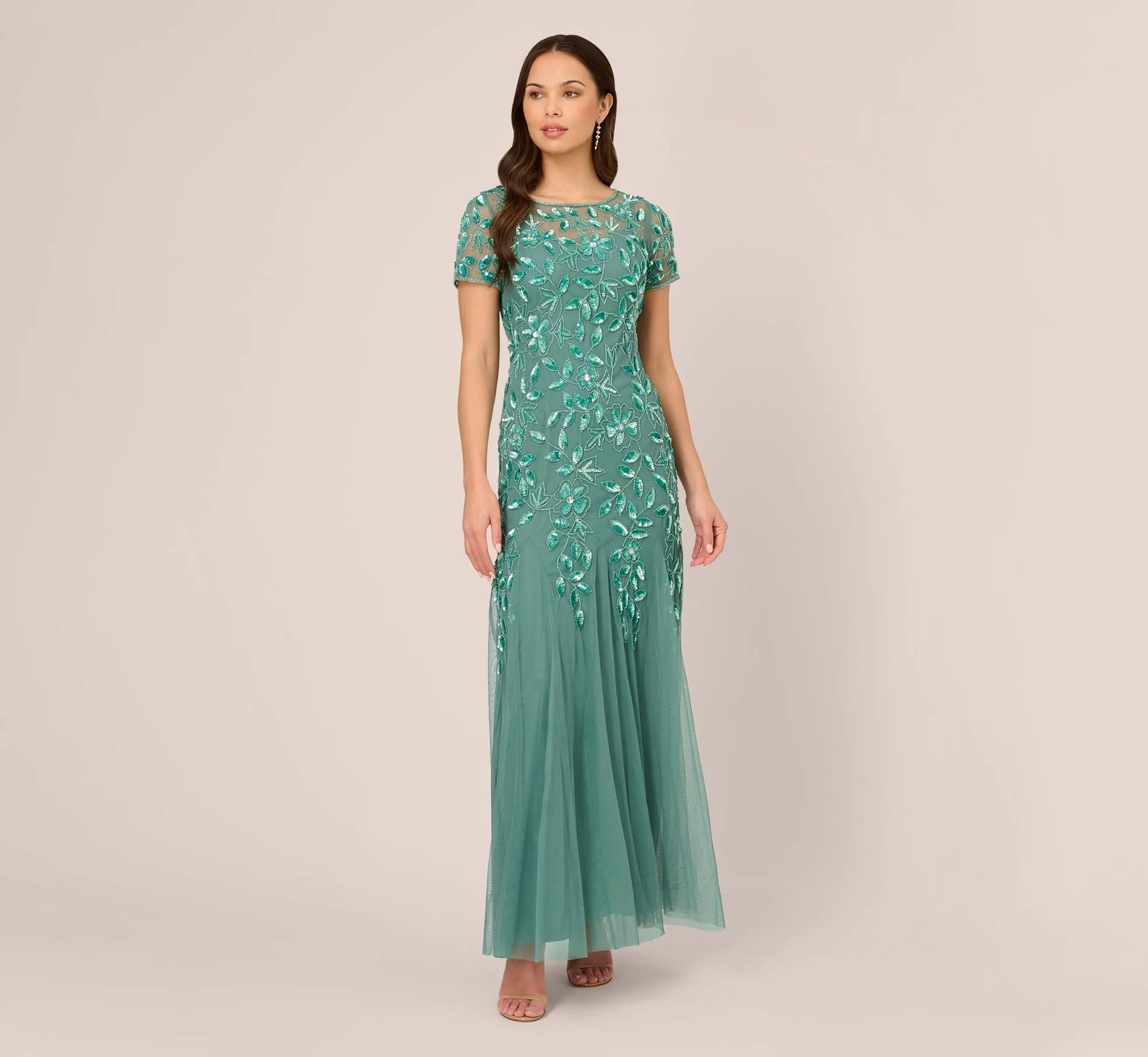 Hand Beaded Short Sleeve Floral Godet Gown In Green Slate sold by Adrianna Papell