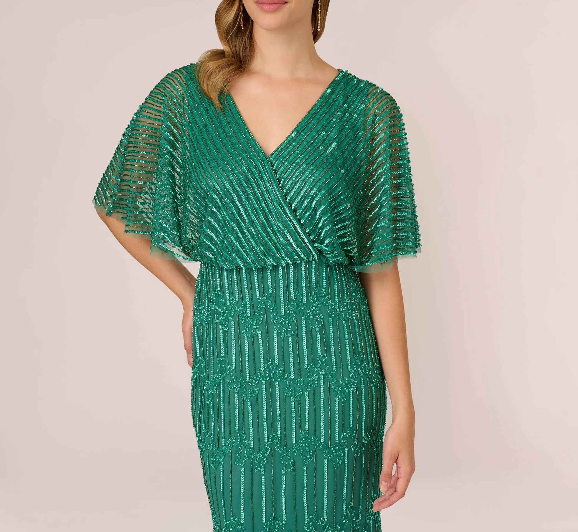 Hand-Beaded Illusion Long Column Blouson Gown In Jungle Green sold by Adrianna Papell product image thumbnail 3