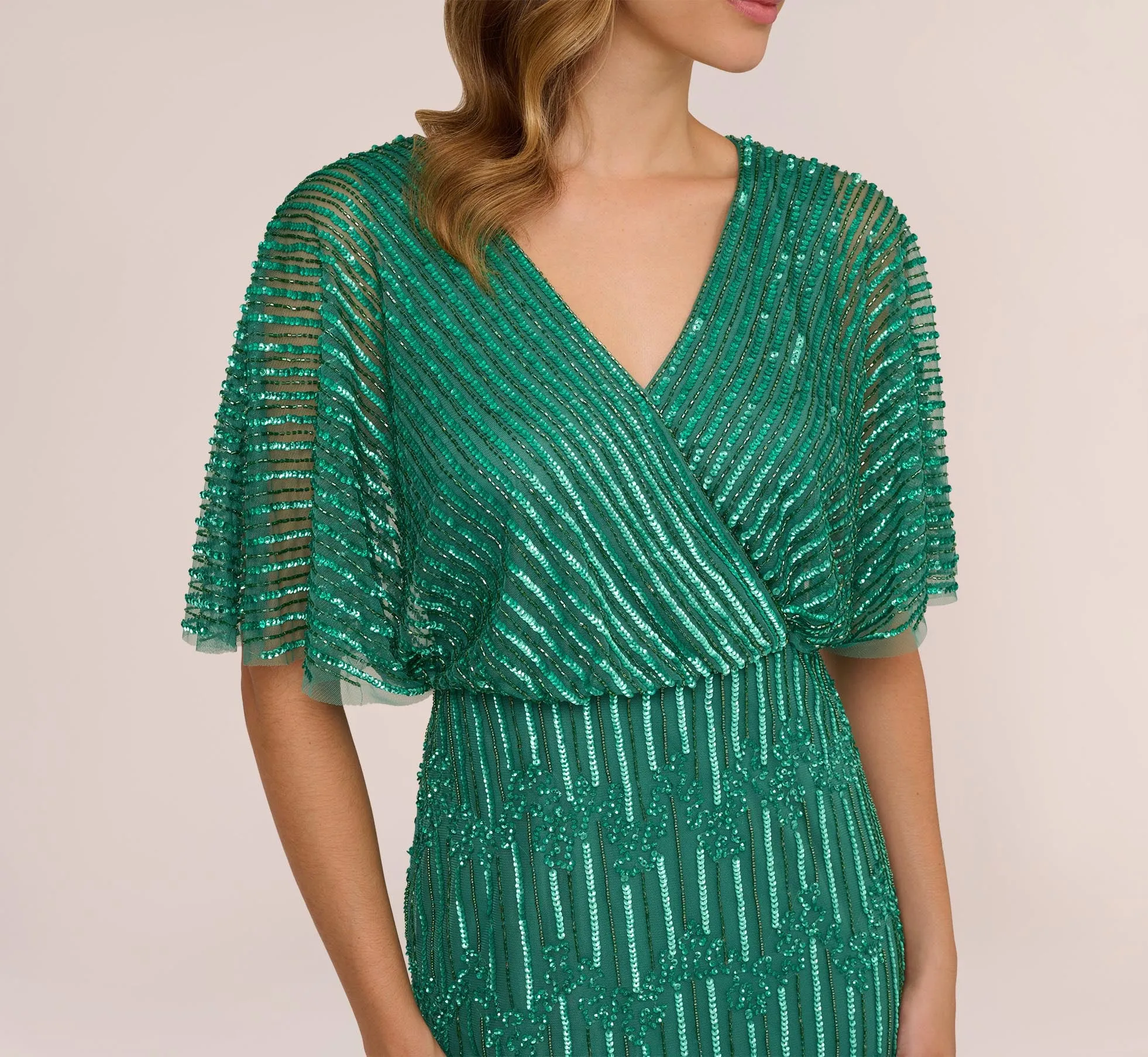 Hand-Beaded Illusion Long Column Blouson Gown In Jungle Green sold by Adrianna Papell product image thumbnail 4