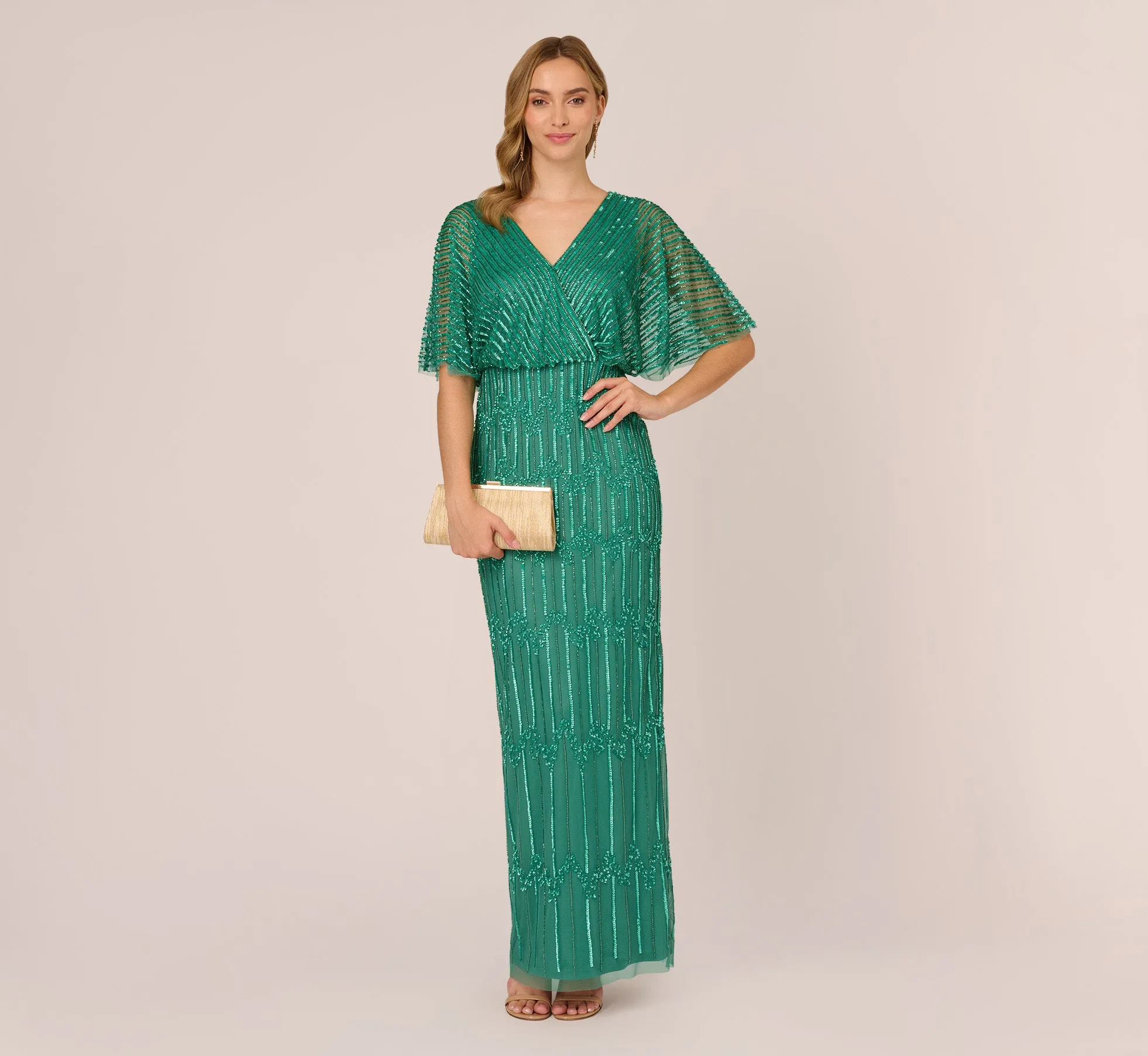 Hand-Beaded Illusion Long Column Blouson Gown In Jungle Green sold by Adrianna Papell product image thumbnail 2