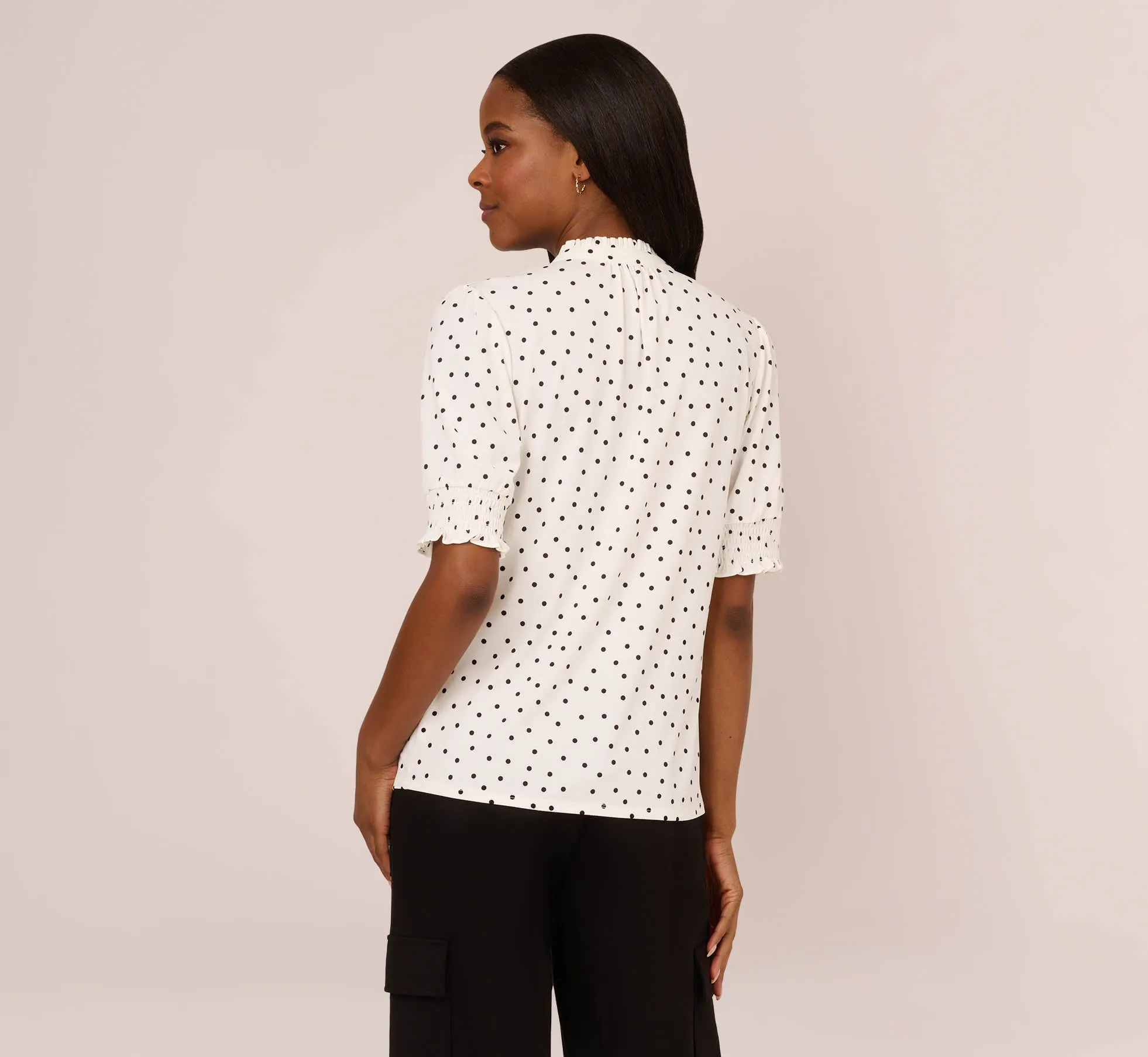 Printed Long Sleeve Button Up Top With Tie Front In Ivory Disperse Dot sold by Adrianna Papell product image thumbnail 5