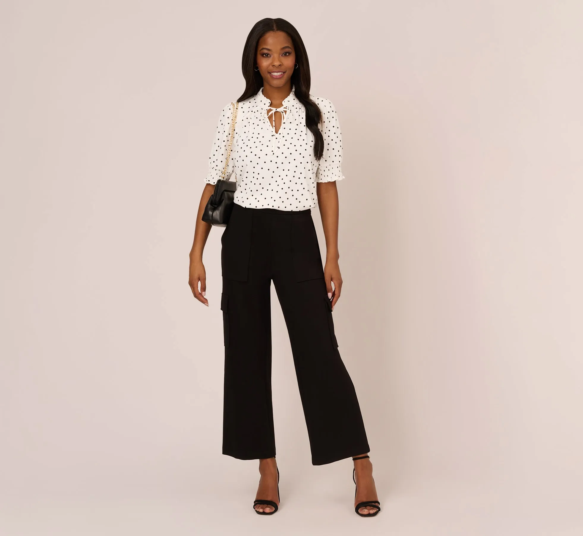 Printed Long Sleeve Button Up Top With Tie Front In Ivory Disperse Dot sold by Adrianna Papell product image thumbnail 3