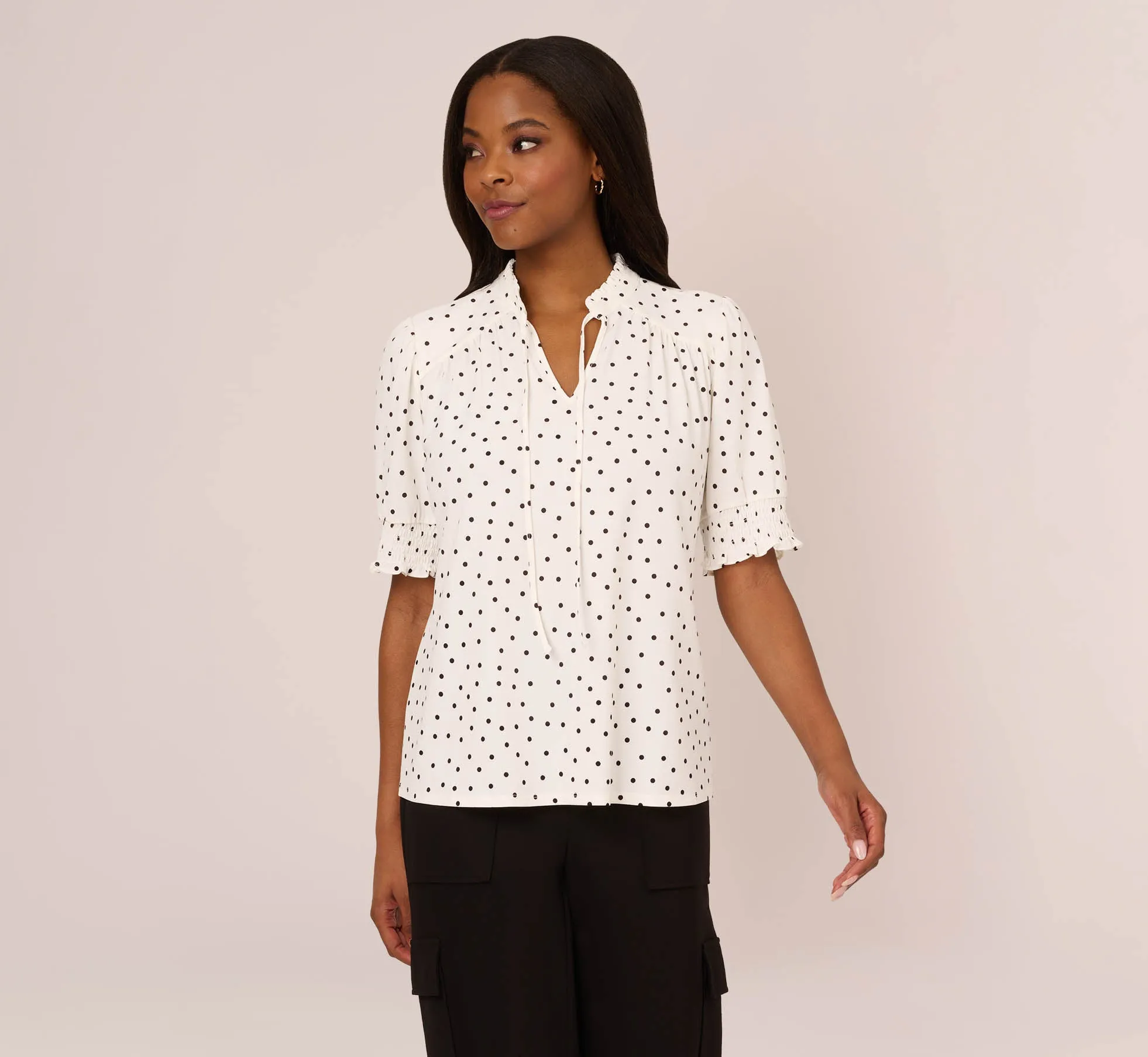 Printed Long Sleeve Button Up Top With Tie Front In Ivory Disperse Dot sold by Adrianna Papell product image thumbnail 2