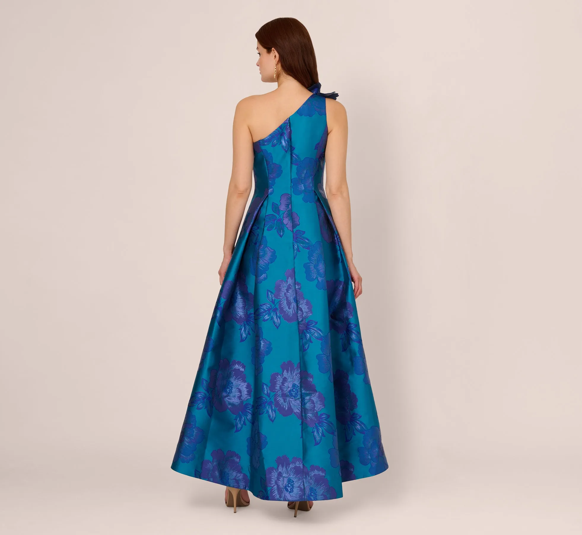 Floral Jacquard One Shoulder High Low Gown With Rosette Accent In Teal Blue sold by Adrianna Papell product image thumbnail 4